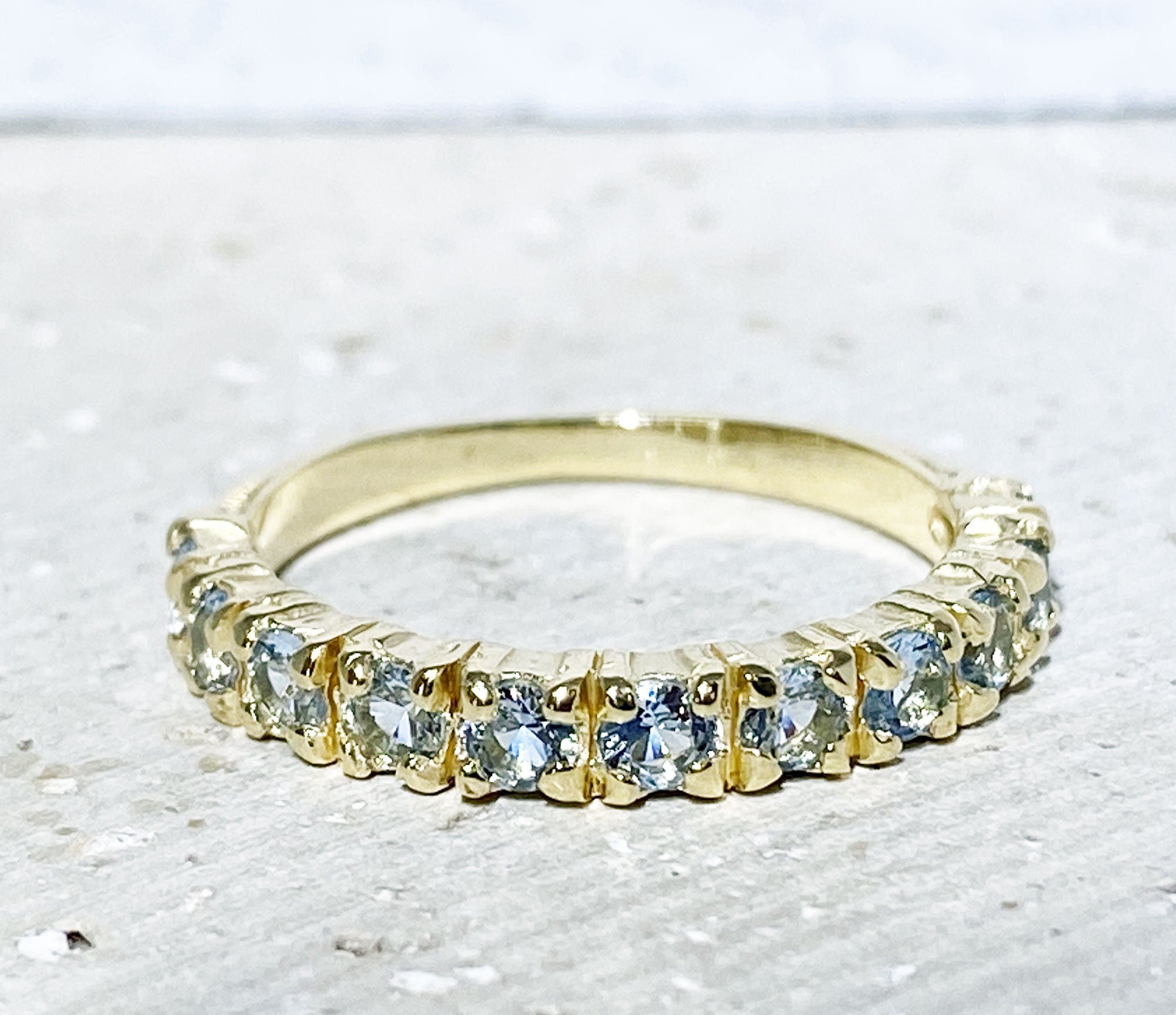 Aquamarine Ring - March Birthstone - Stacking Half Eternity Ring with Eleven Round Aquamarine Gemstones - H.L.Jewelry