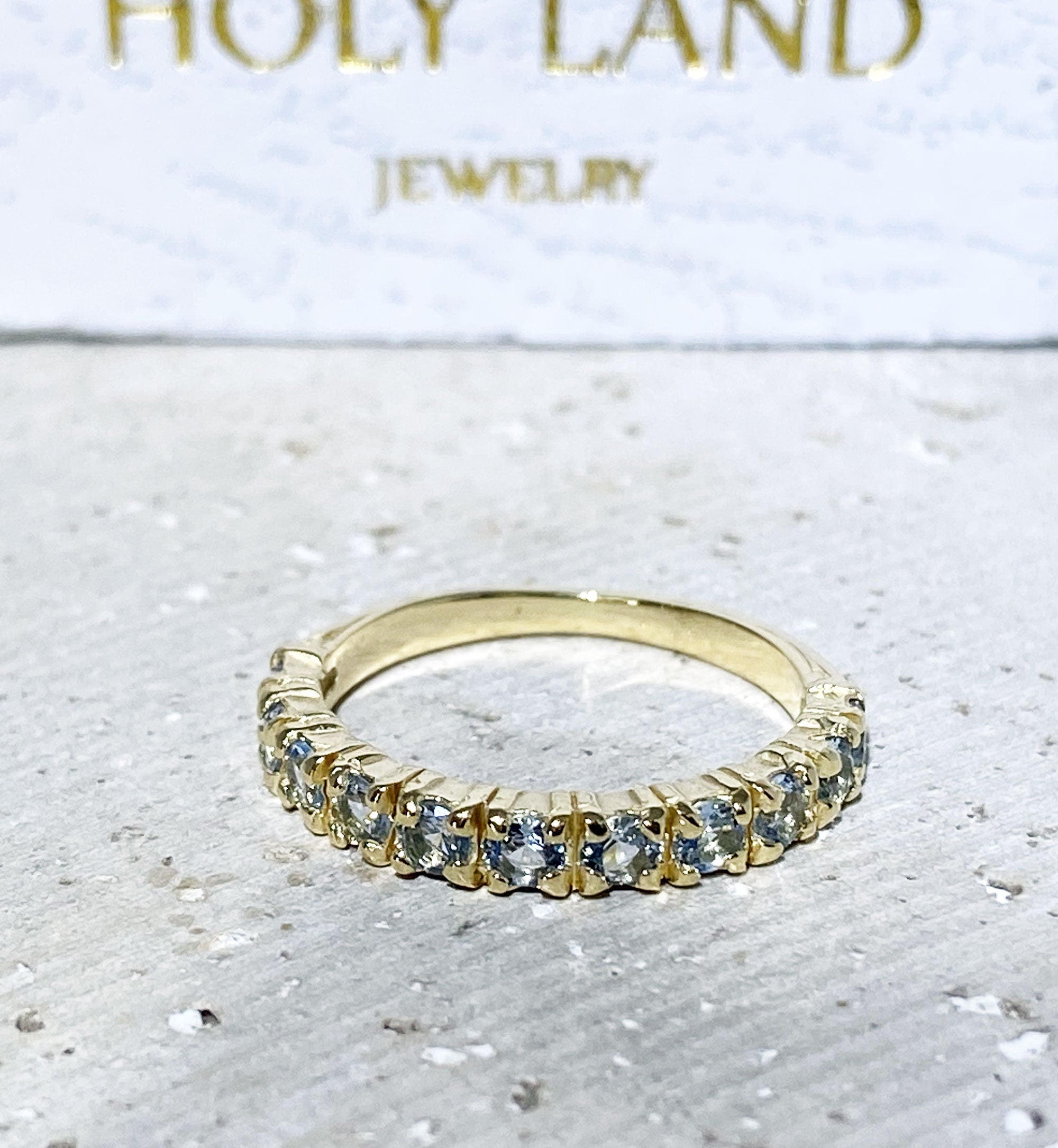 Aquamarine Ring - March Birthstone - Stacking Half Eternity Ring with Eleven Round Aquamarine Gemstones - H.L.Jewelry