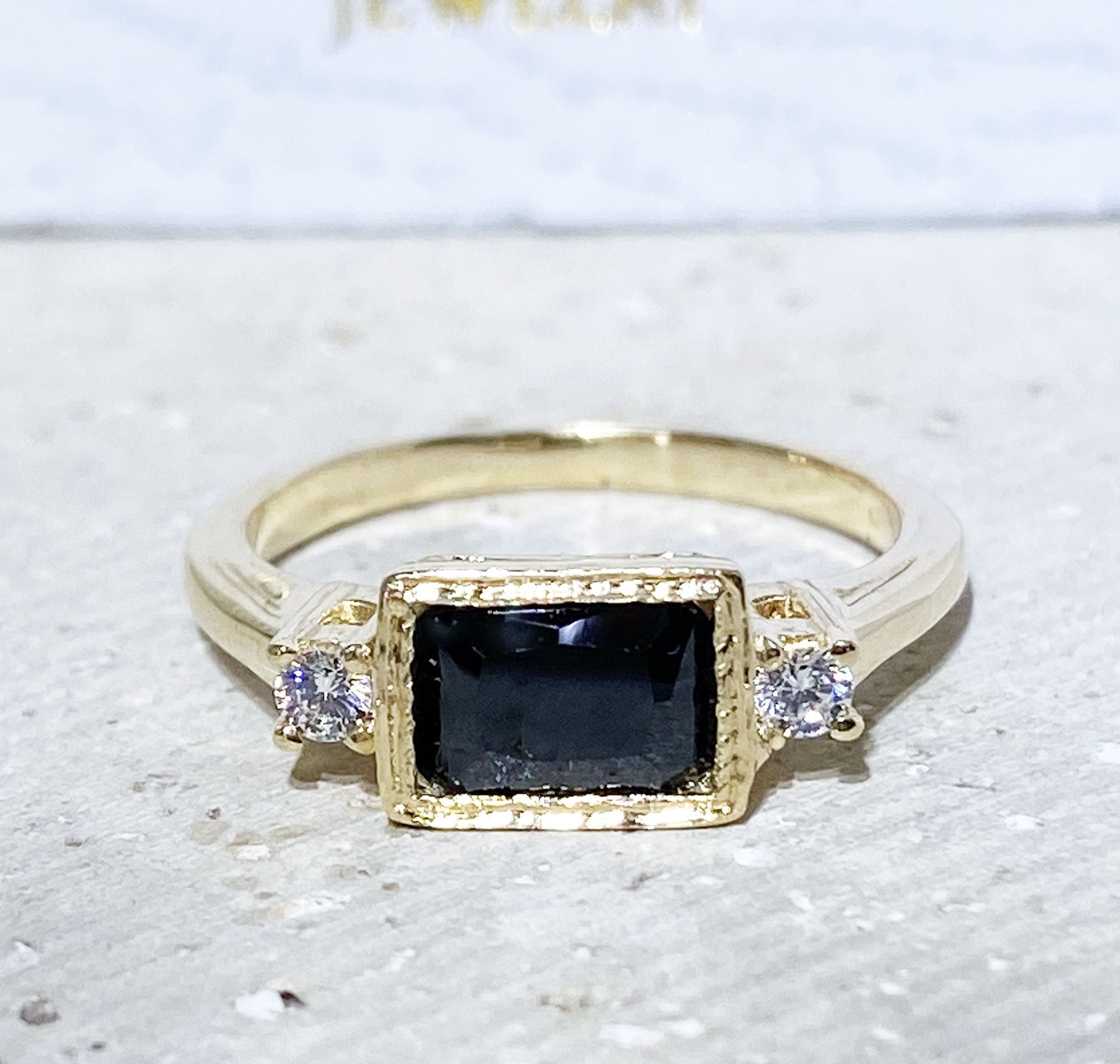 Black Onyx Ring - December Birthstone - Simple Ring with Octagon Black Onyx Gemstone and Clear Quartz Accents - H.L.Jewelry