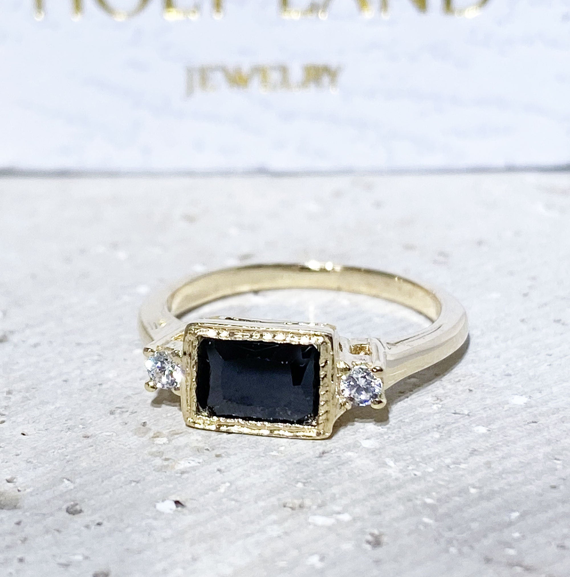 Black Onyx Ring - December Birthstone - Simple Ring with Octagon Black Onyx Gemstone and Clear Quartz Accents - H.L.Jewelry