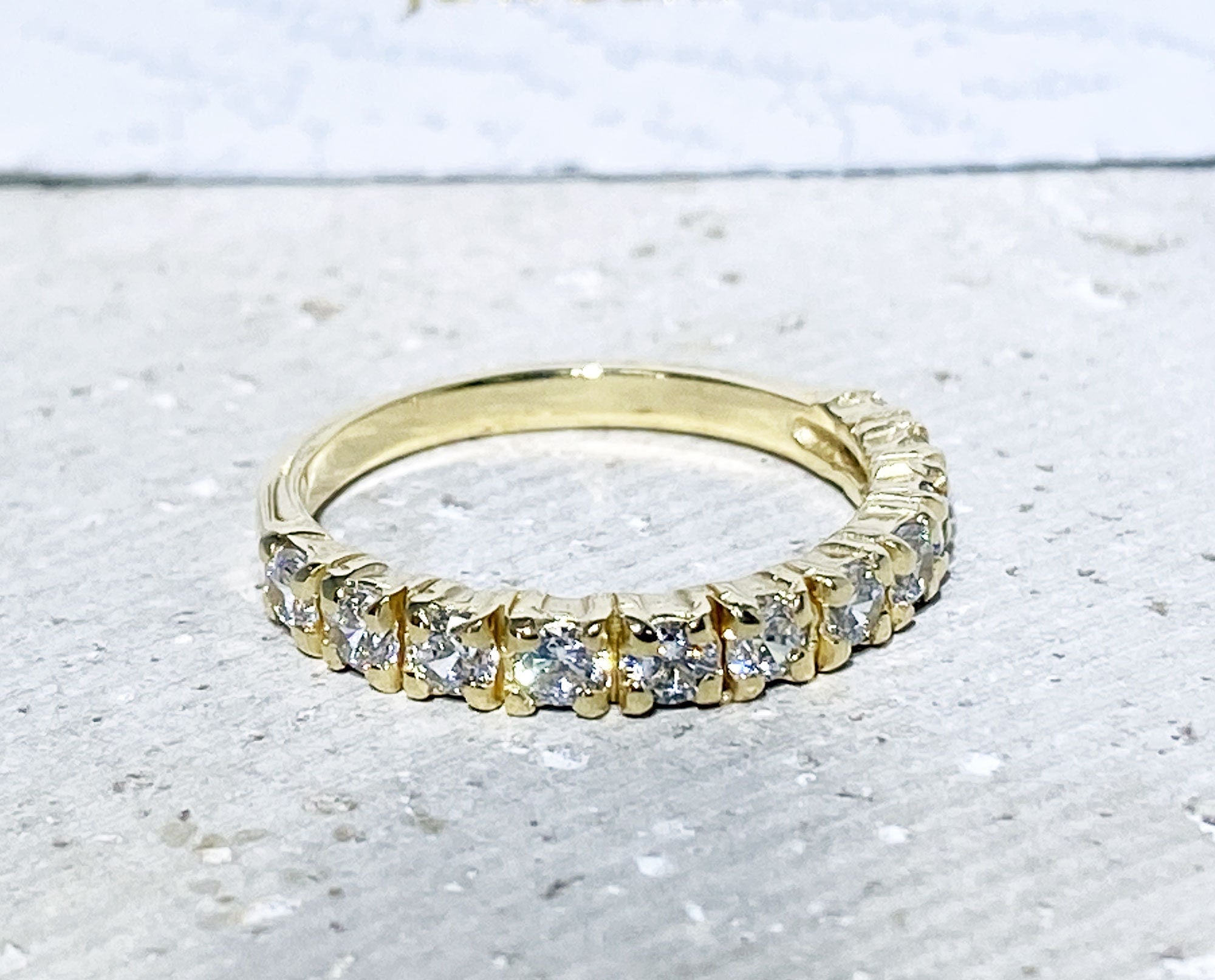 Clear Quartz Ring - April Birthstone - Delicate Stacking Half Eternity Ring with Eleven Round Clear Quartz Gemstones - H.L.Jewelry