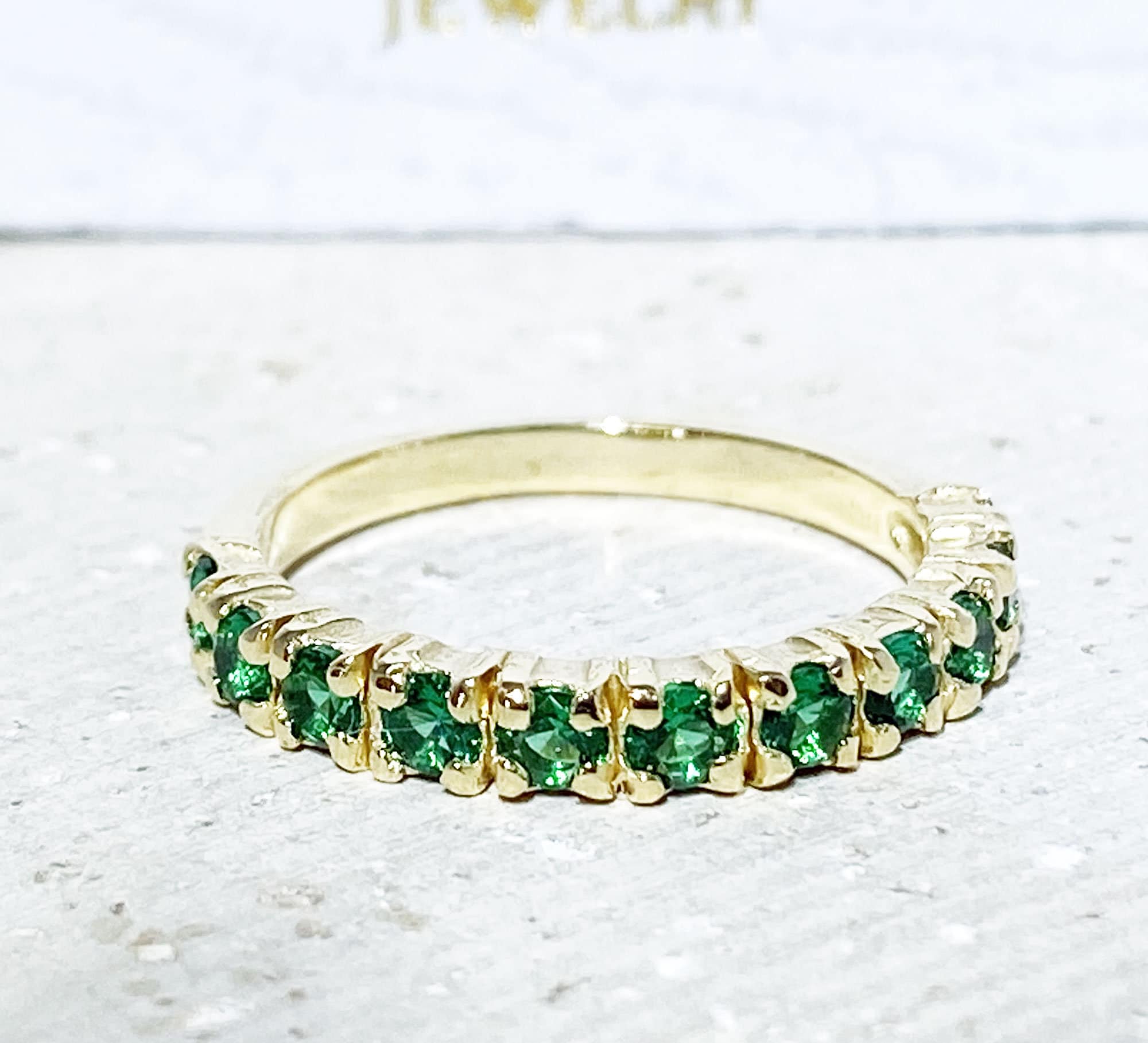 Emerald Ring - May Birthstone Jewelry - Stacking Half Eternity Ring with Eleven Round Emeralds - H.L.Jewelry