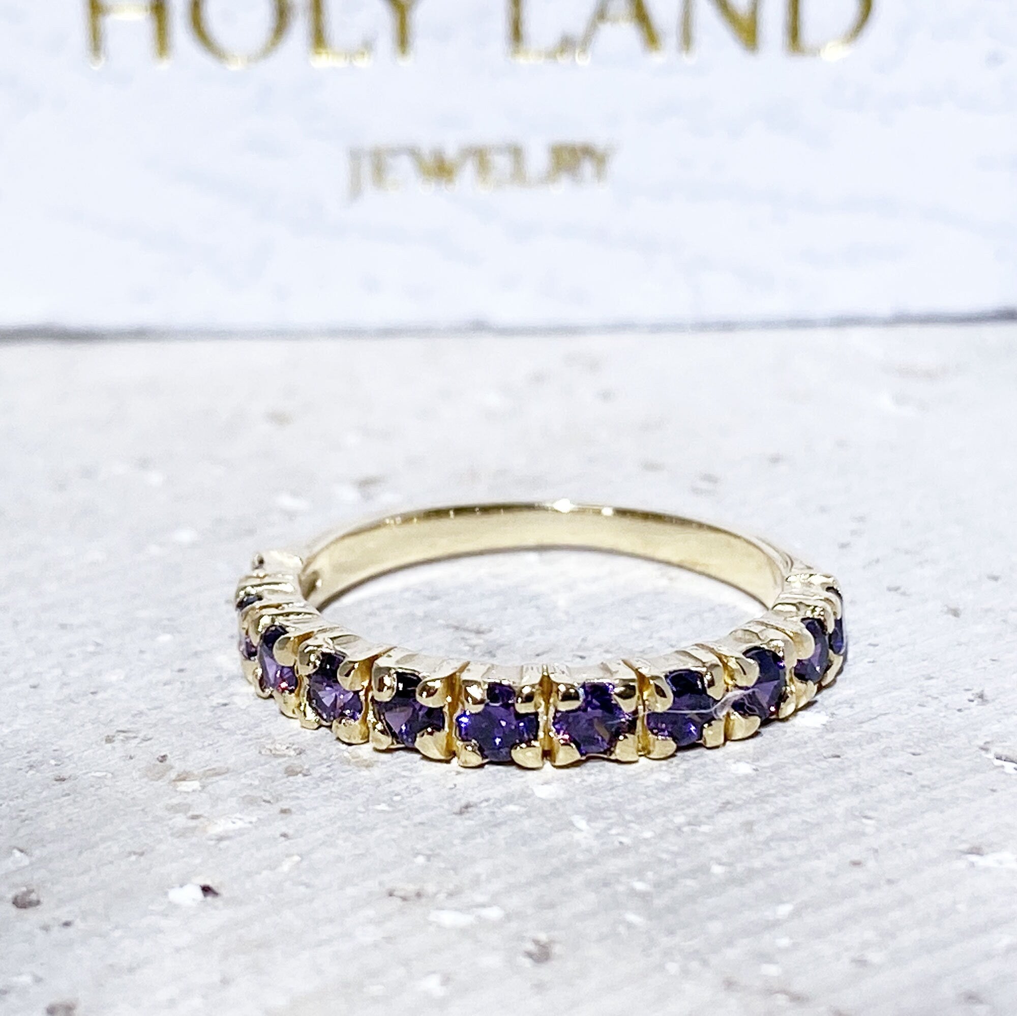 Purple Amethyst Ring - February Birthstone - Eleven Round Purple Amethyst Gemstones Stacking Half Eternity Ring - H.L.Jewelry