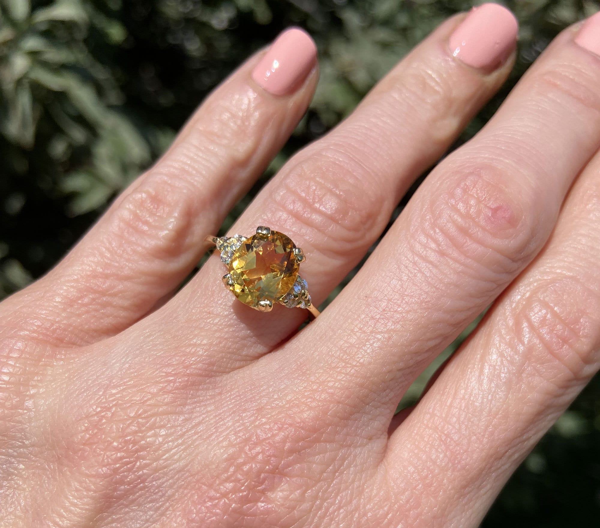 Citrine ring - November Birthstone - Oval Citrine Gemstone Statement Engagement Ring with Clear Quartz Accents - H.L.Jewelry