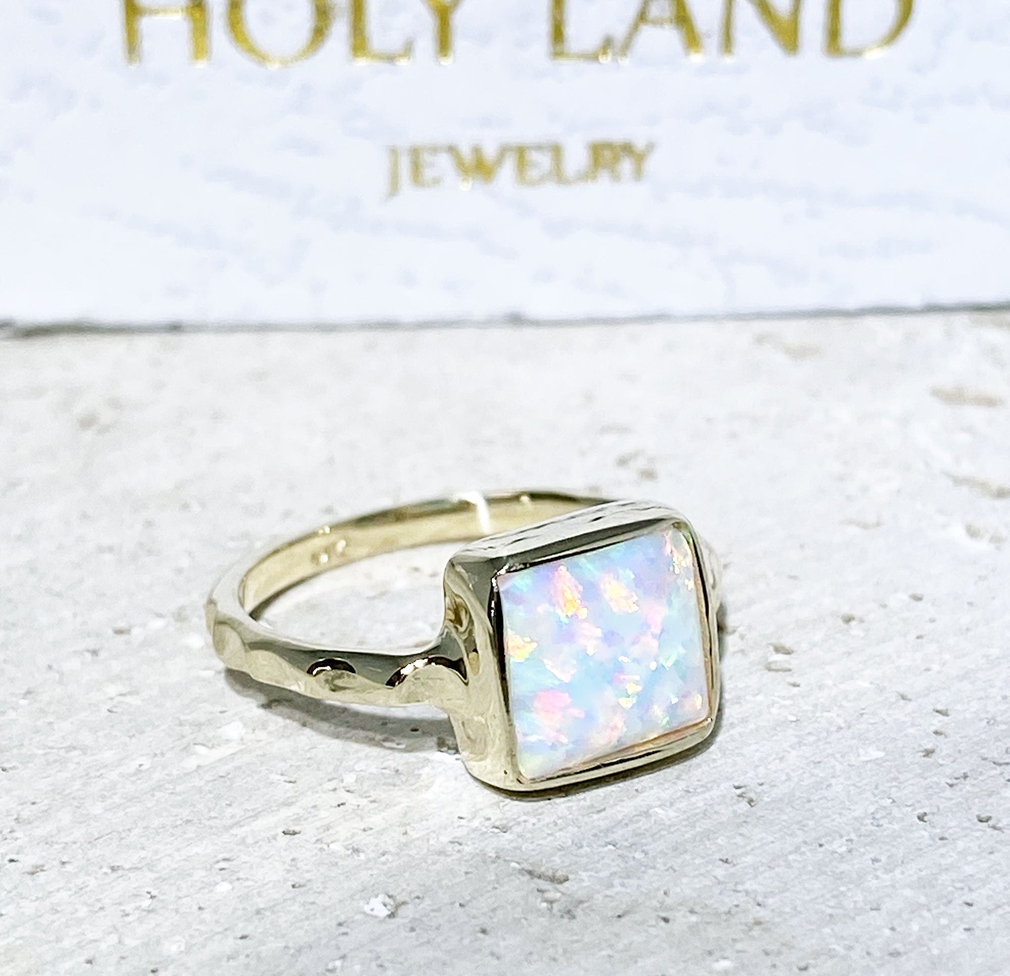 White Opal Ring - Square White Opal Gemstone Simple Hammered Ring - H.L.Jewelry