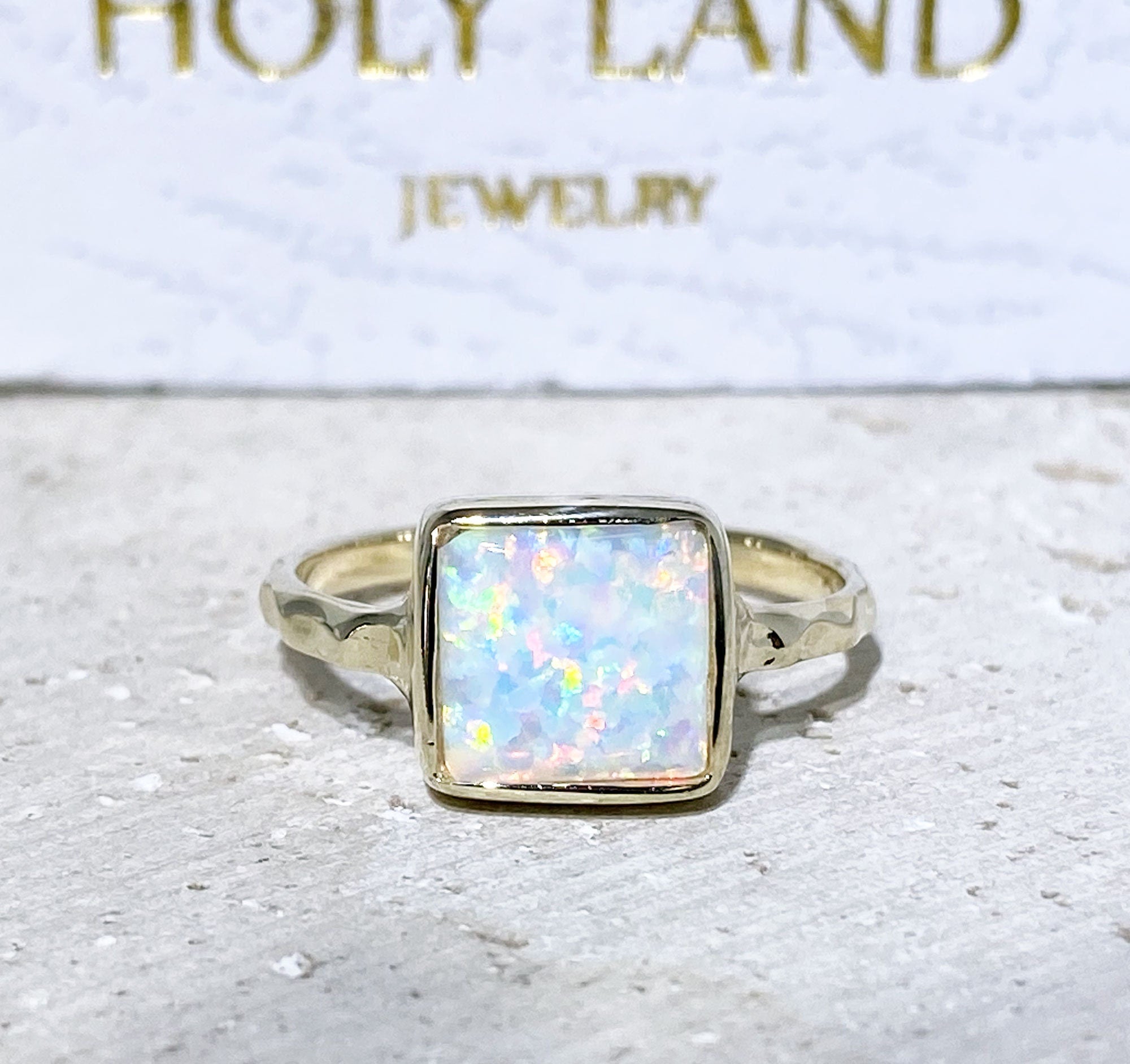 White Opal Ring - Square White Opal Gemstone Simple Hammered Ring - H.L.Jewelry