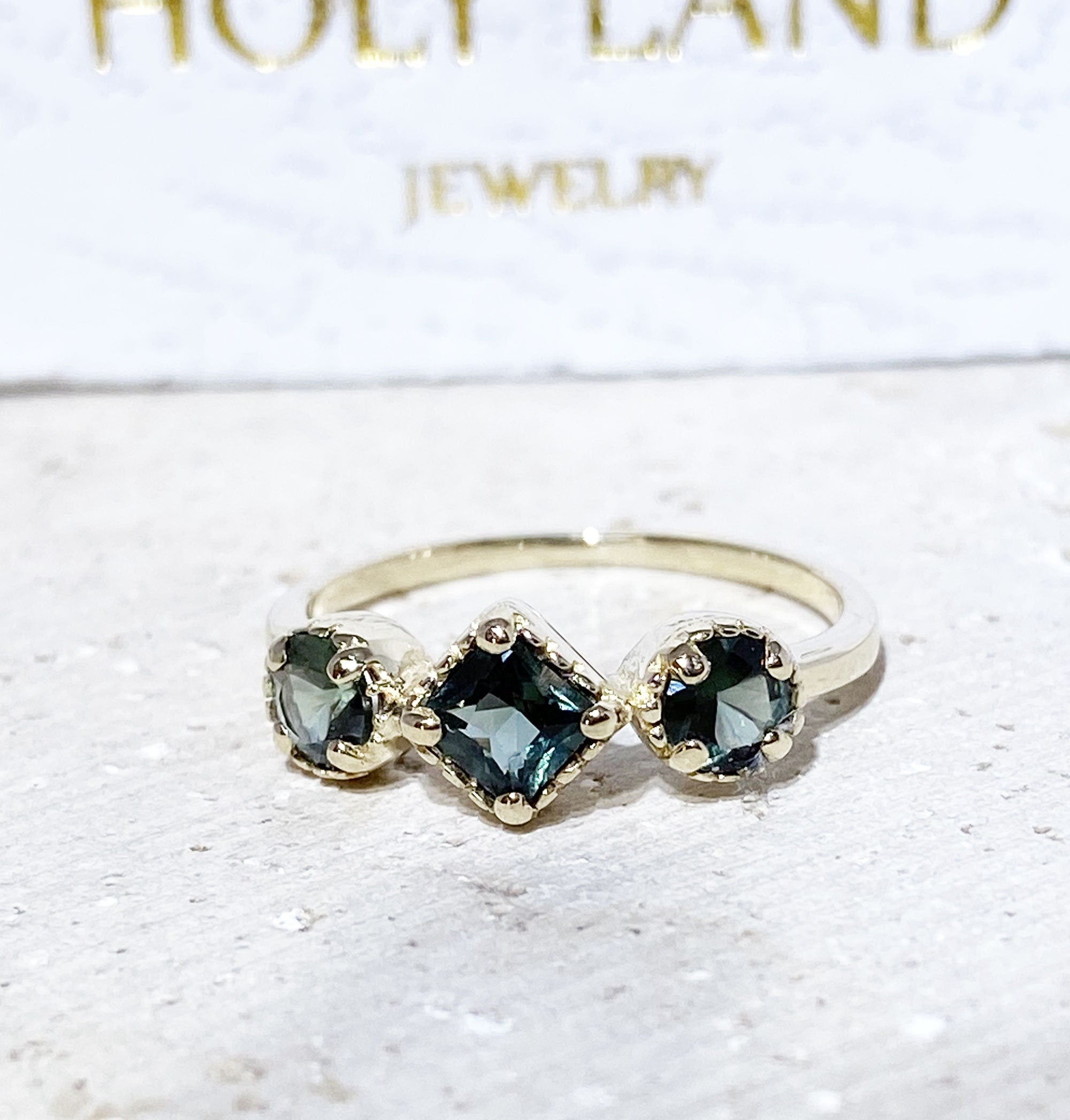 Green Tourmaline Ring - Ring with Square Green Tourmaline Center Stone and Side Accents - H.L.Jewelry