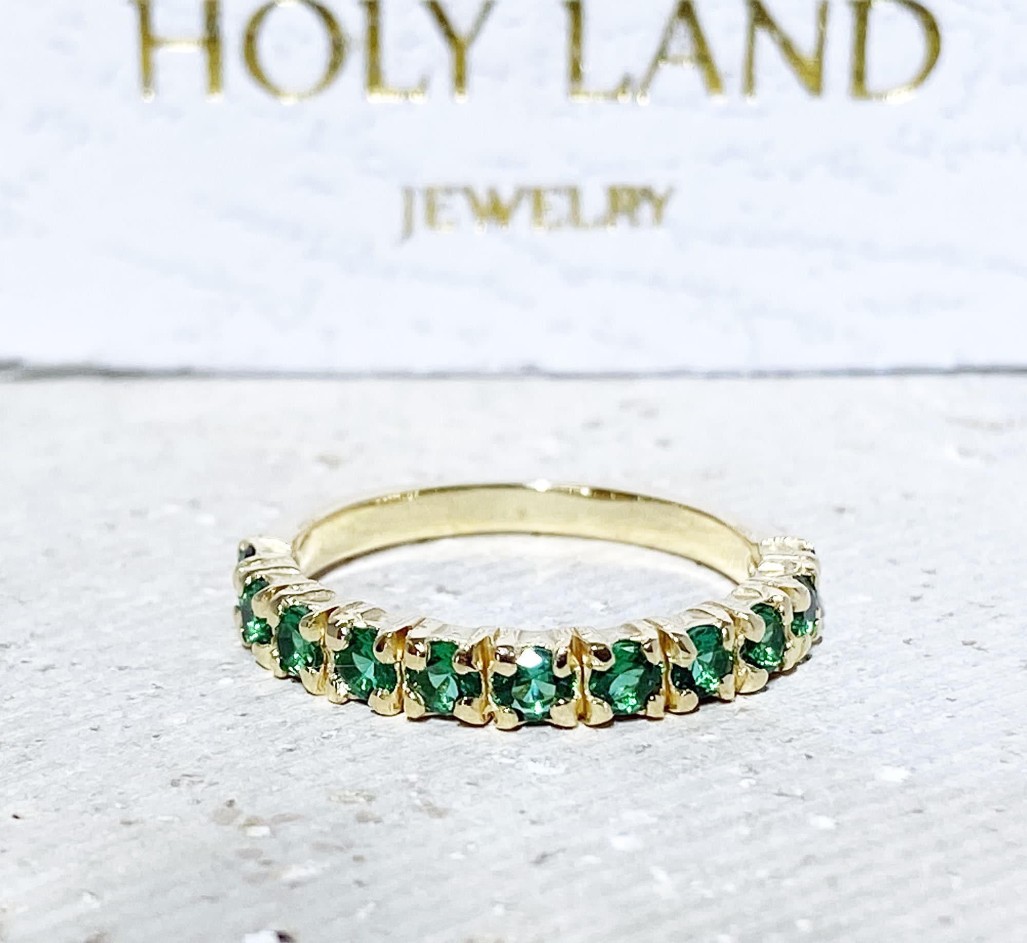 Emerald Ring - May Birthstone Jewelry - Stacking Half Eternity Ring with Eleven Round Emeralds - H.L.Jewelry