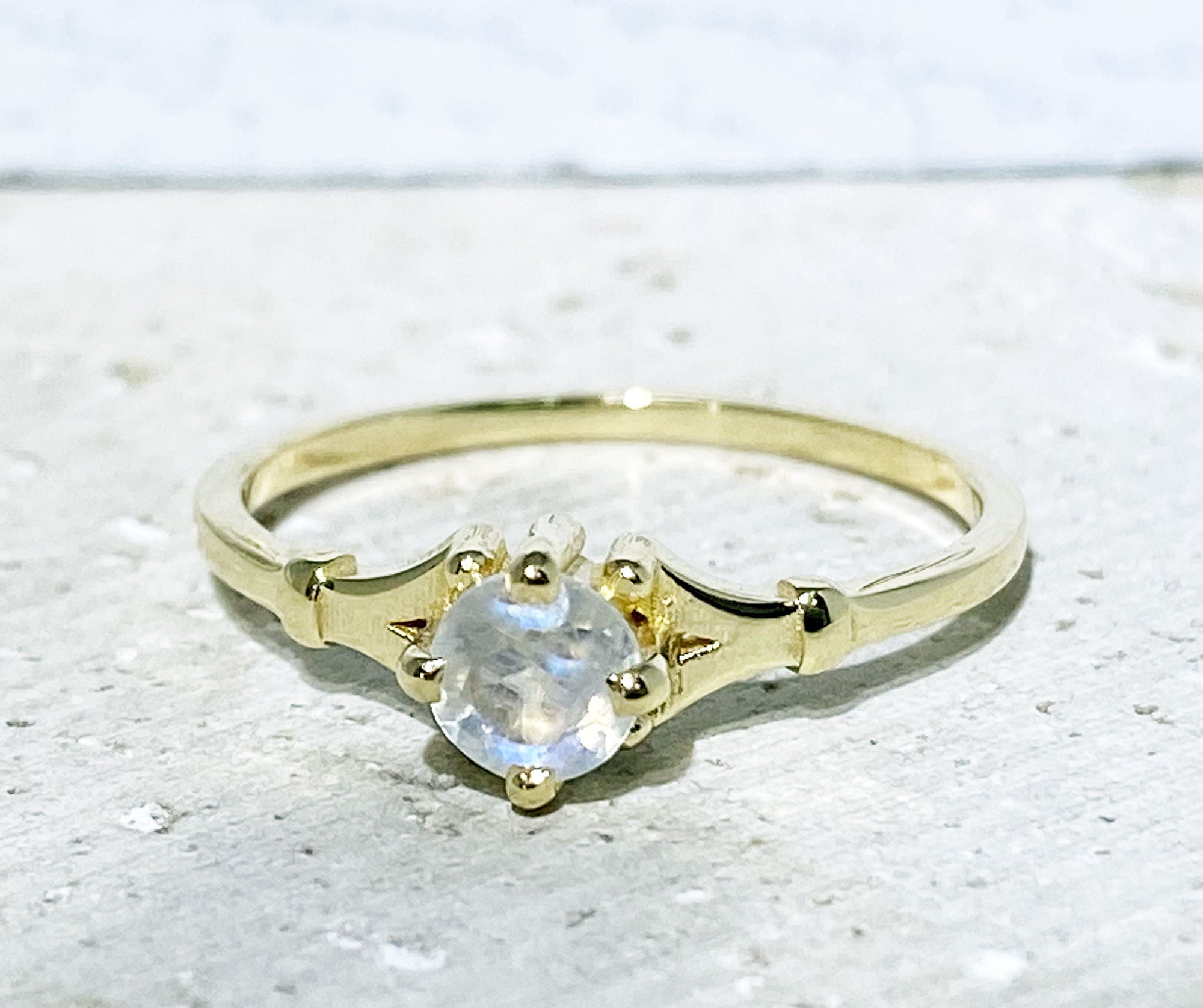 Rainbow Moonstone Ring - June Birthstone - Round Rainbow Moonstone Simple Delicate Ring - H.L.Jewelry