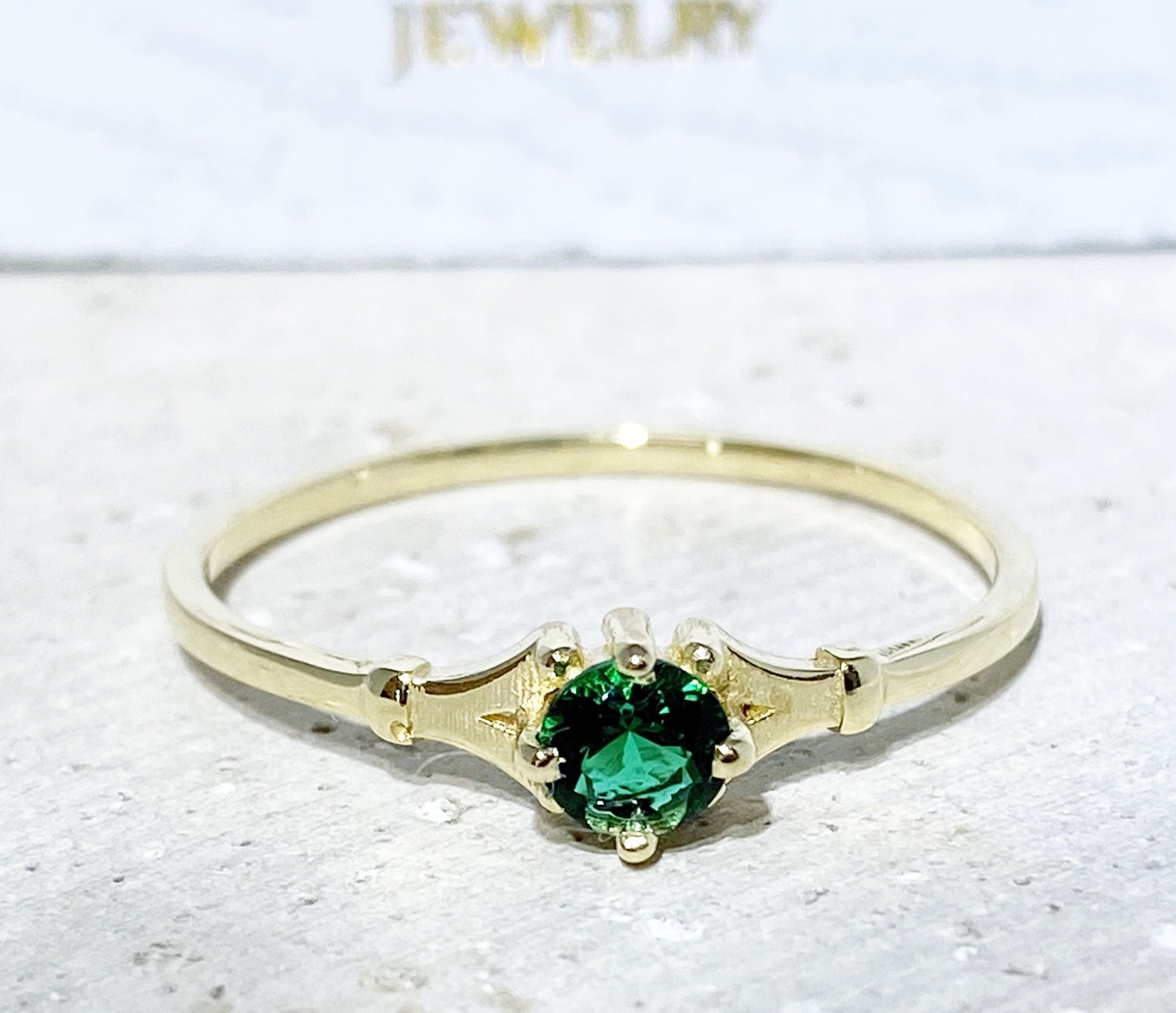 Emerald Ring - May Birthstone - Simple Delicate Ring with Round Emerald Gemstone - H.L.Jewelry