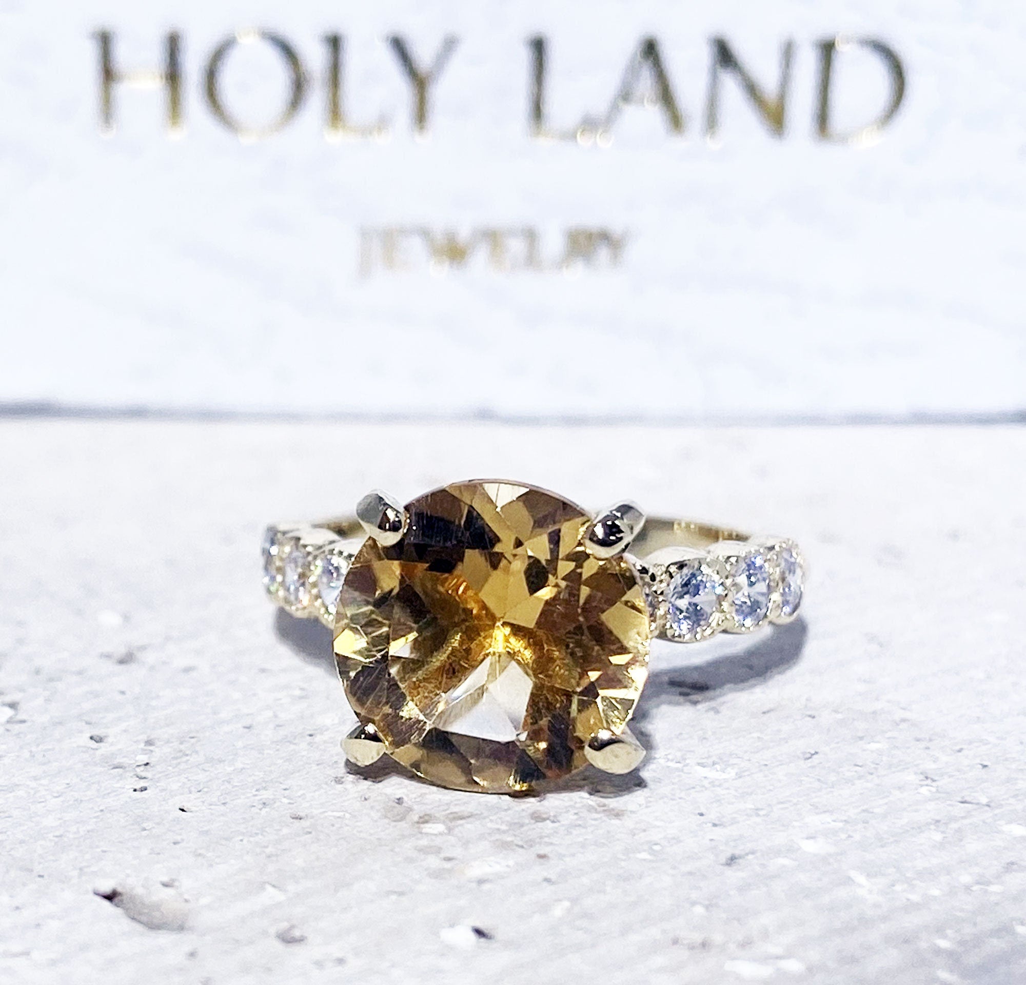 Citrine ring - November Birthstone - Round Citrine Gemstone Statement Engagement Ring with Clear Quartz Accents - H.L.Jewelry