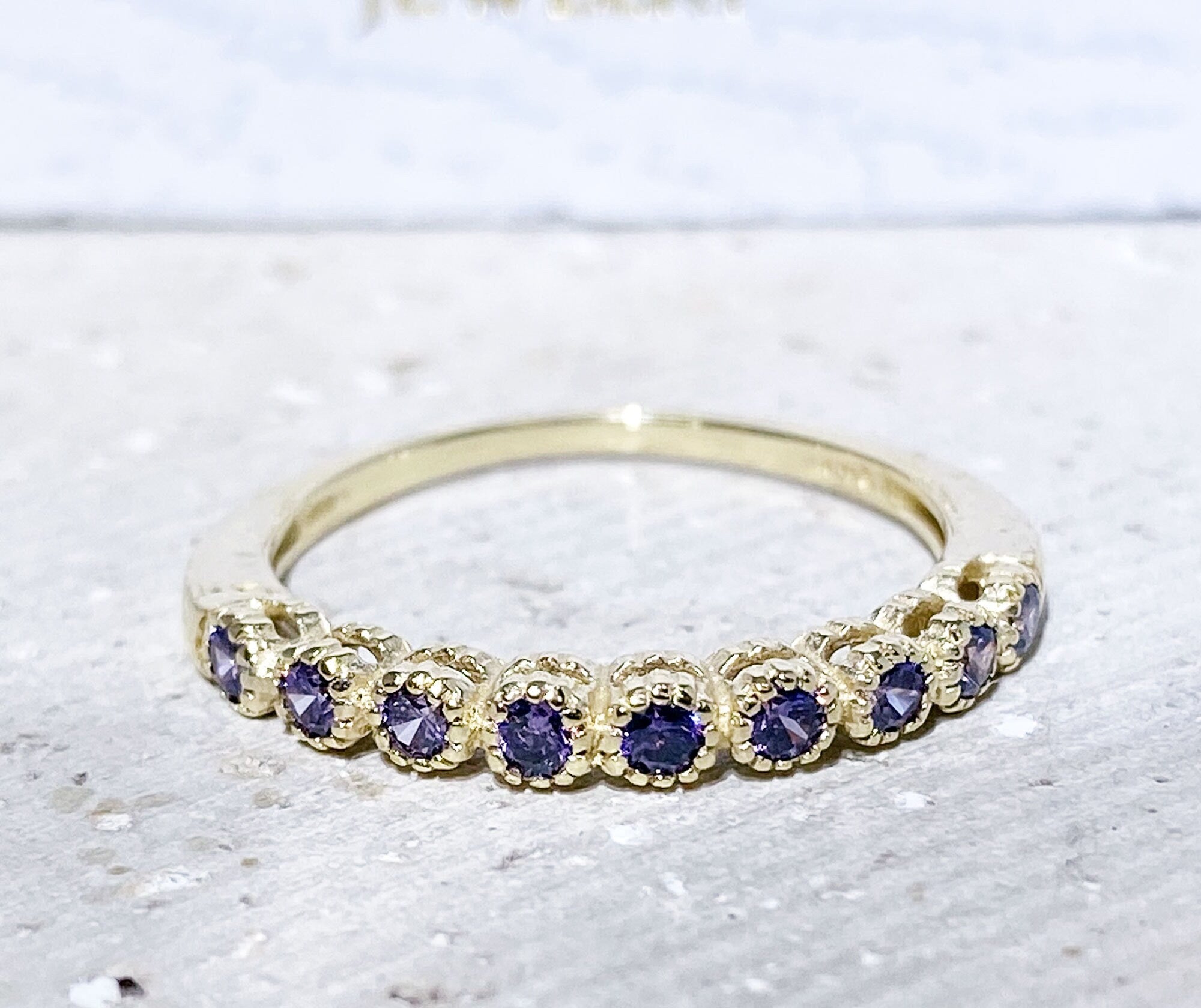 Amethyst Ring - February Birthstone - Stacking Ring with Nine Round Purple Amethyst Stones - H.L.Jewelry