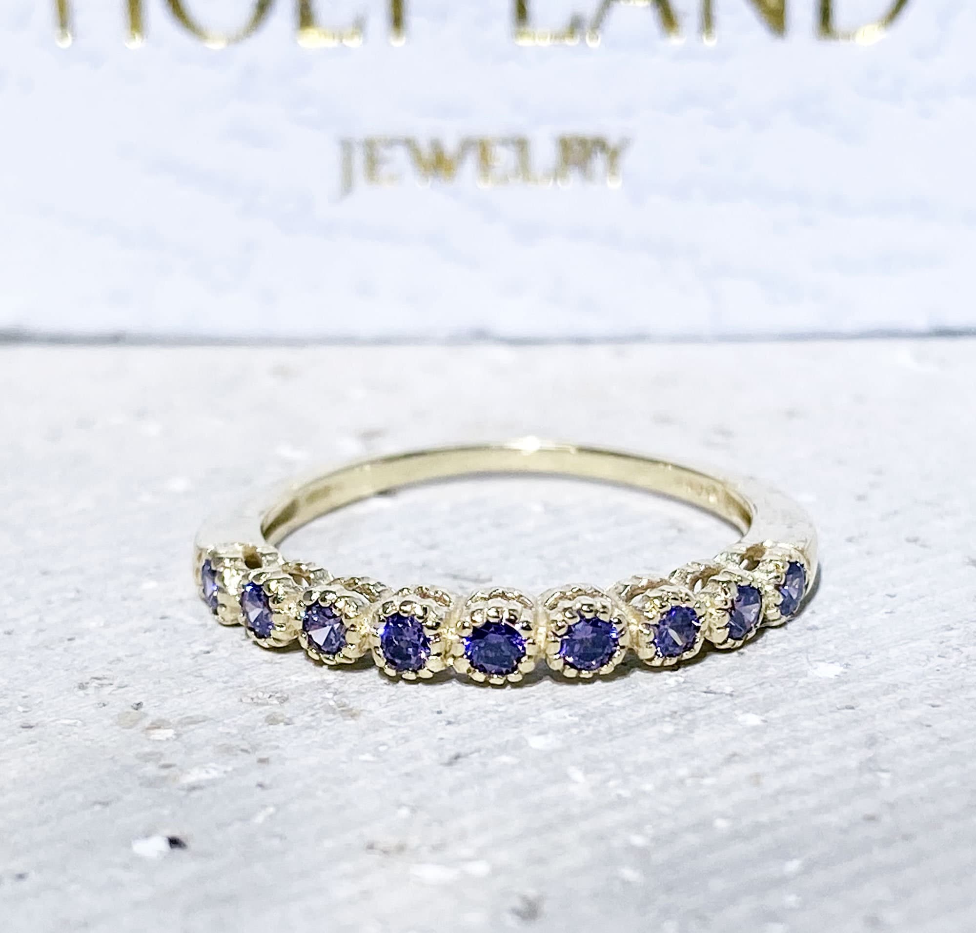 Amethyst Ring - February Birthstone - Stacking Ring with Nine Round Purple Amethyst Stones - H.L.Jewelry