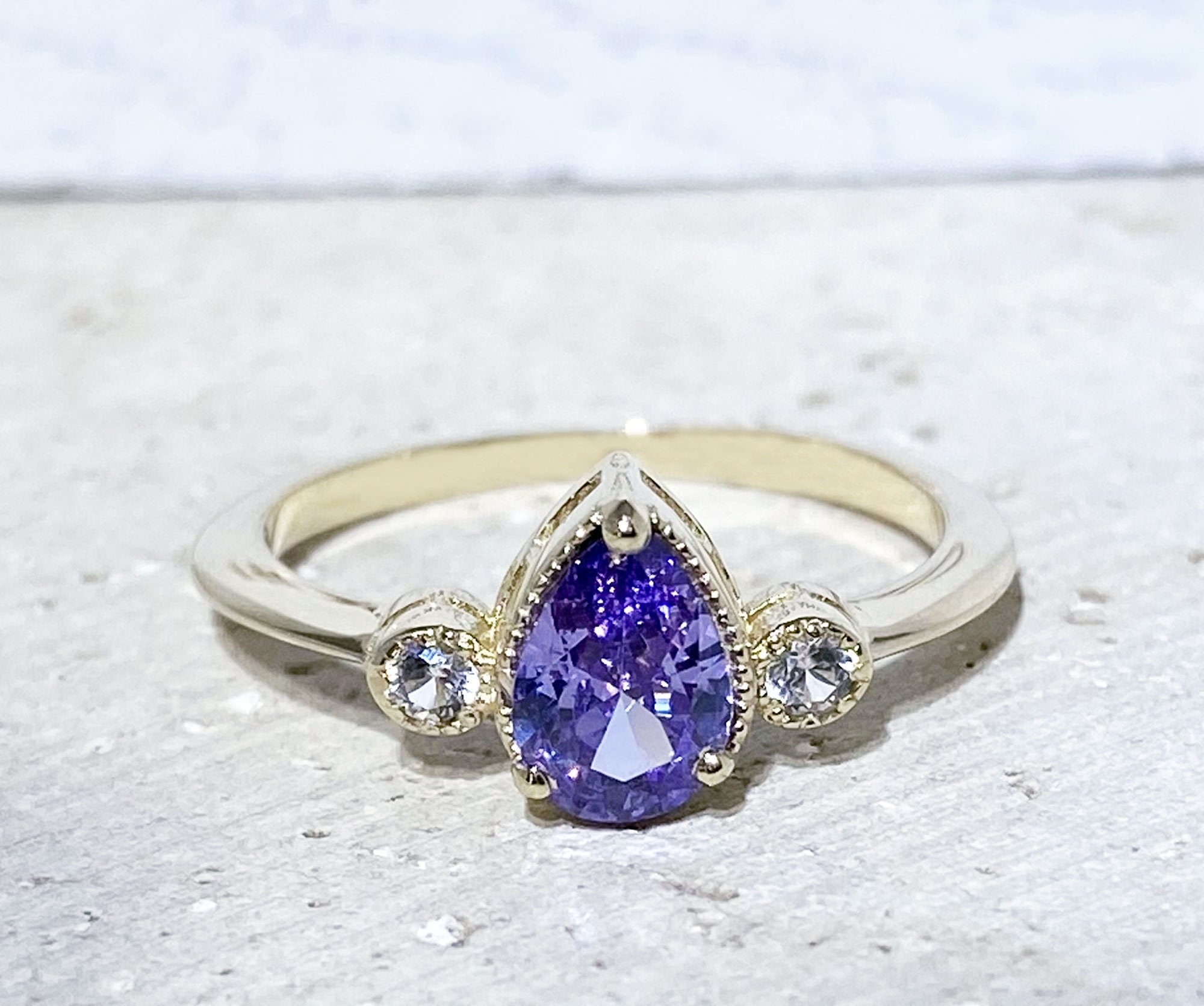 Lavender Amethyst Ring - Tiny Delicate Ring with Pear-Shaped Lavender Amethyst and Clear Quartz Accents - H.L.Jewelry