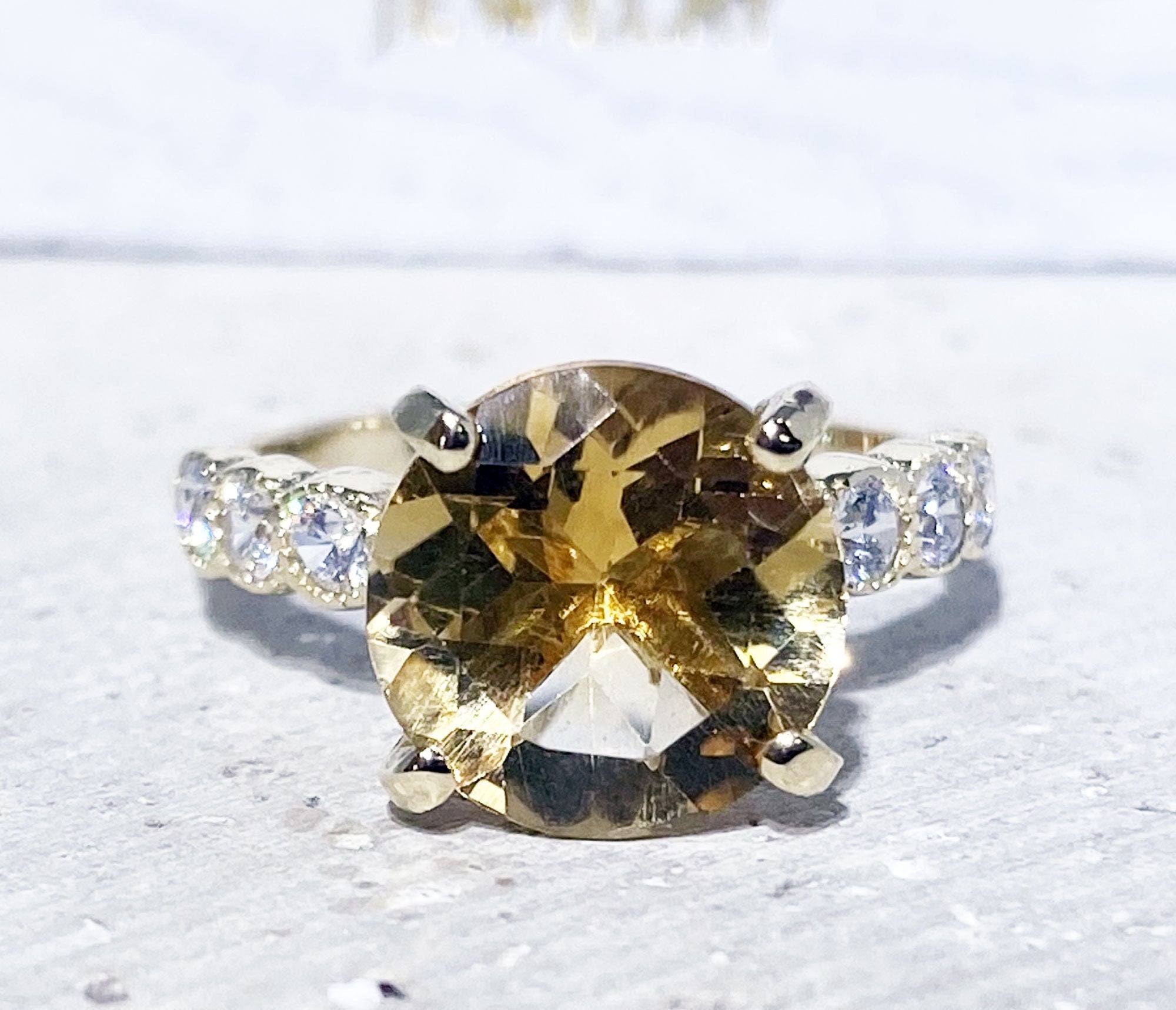 Citrine ring - November Birthstone - Round Citrine Gemstone Statement Engagement Ring with Clear Quartz Accents - H.L.Jewelry