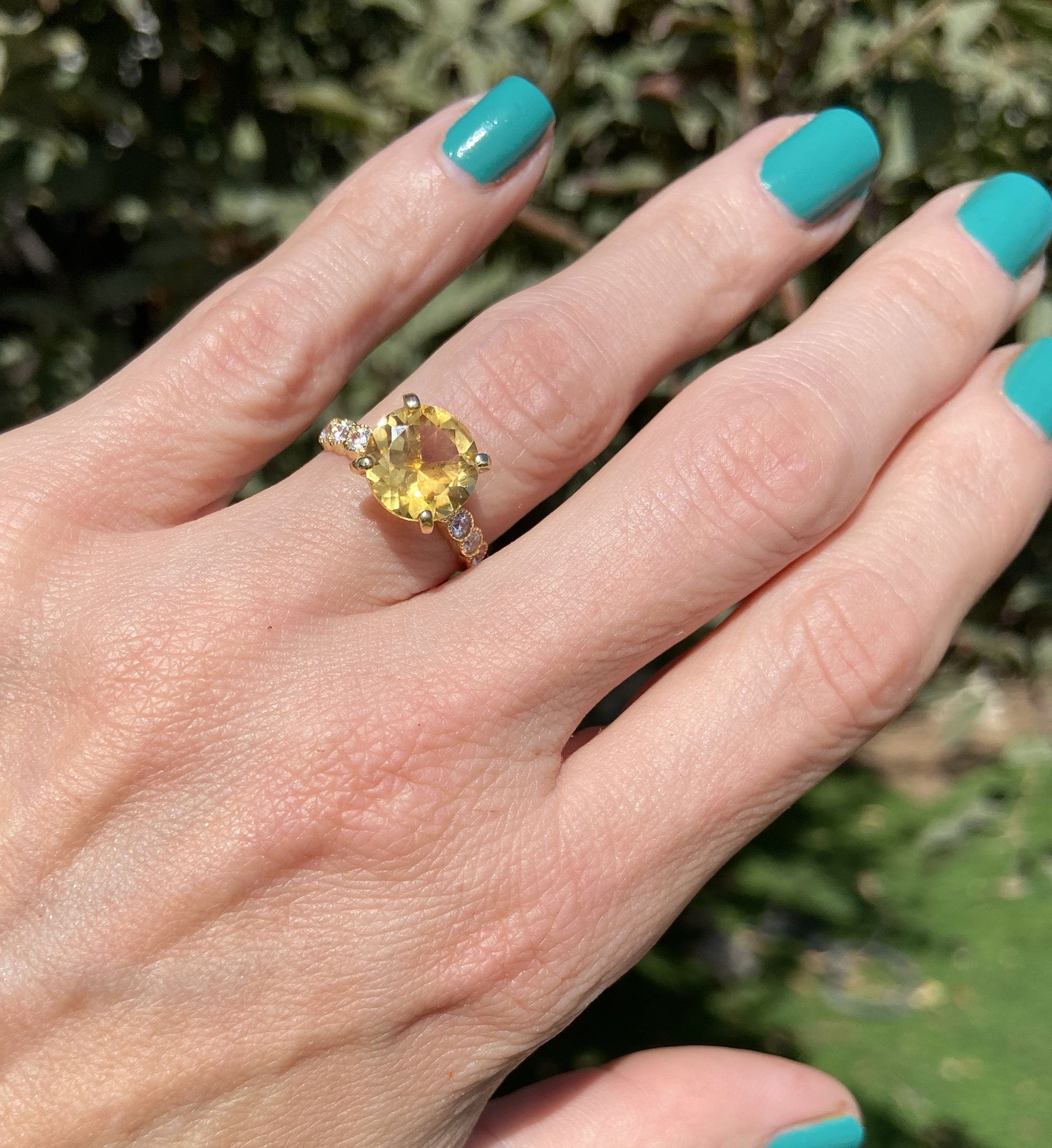 Citrine ring - November Birthstone - Round Citrine Gemstone Statement Engagement Ring with Clear Quartz Accents - H.L.Jewelry