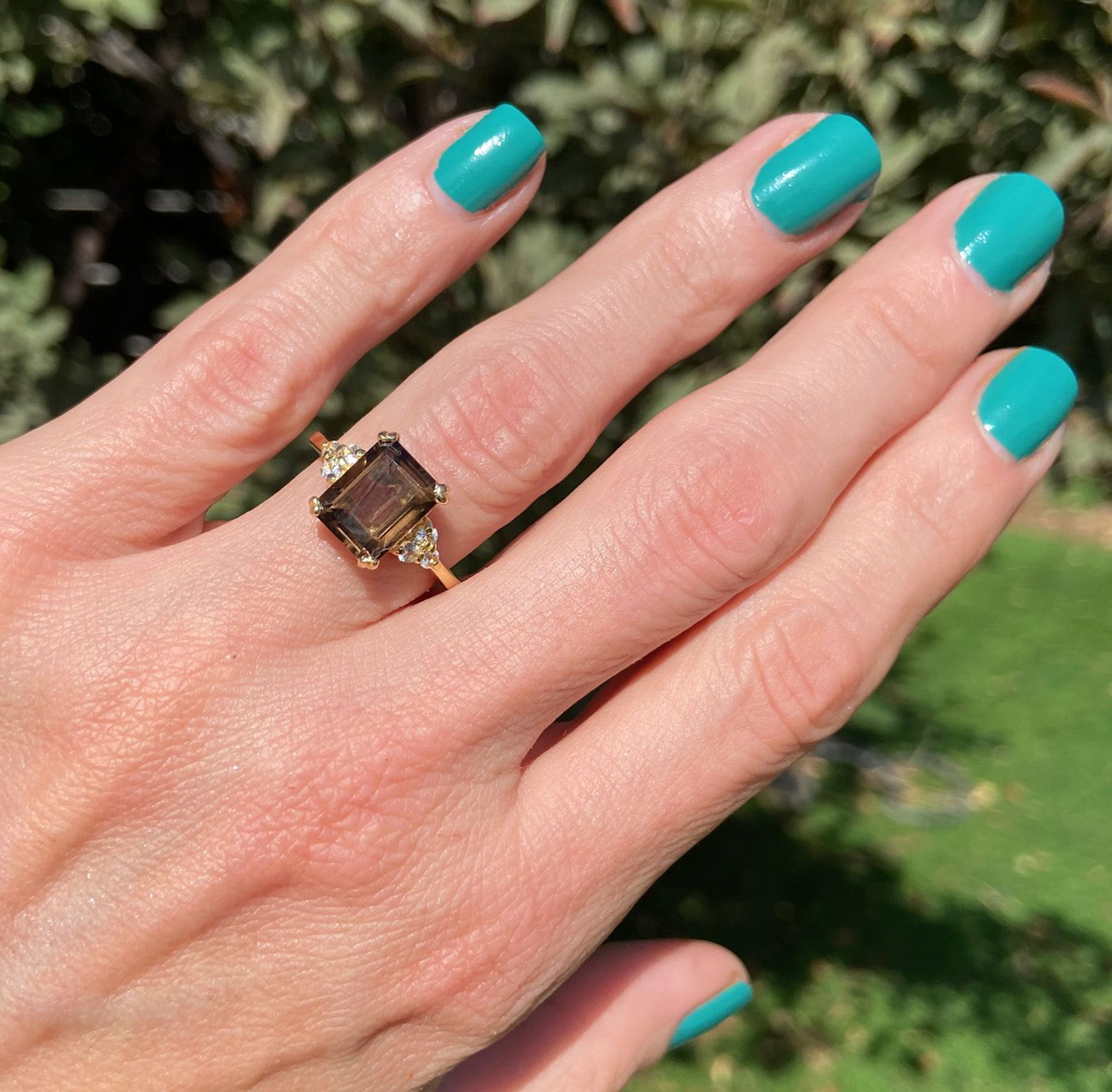 Smoky Quartz Ring - Octagon Smoky Quartz Gemstone Statement Engagement Ring with Clear Quartz Accents - H.L.Jewelry