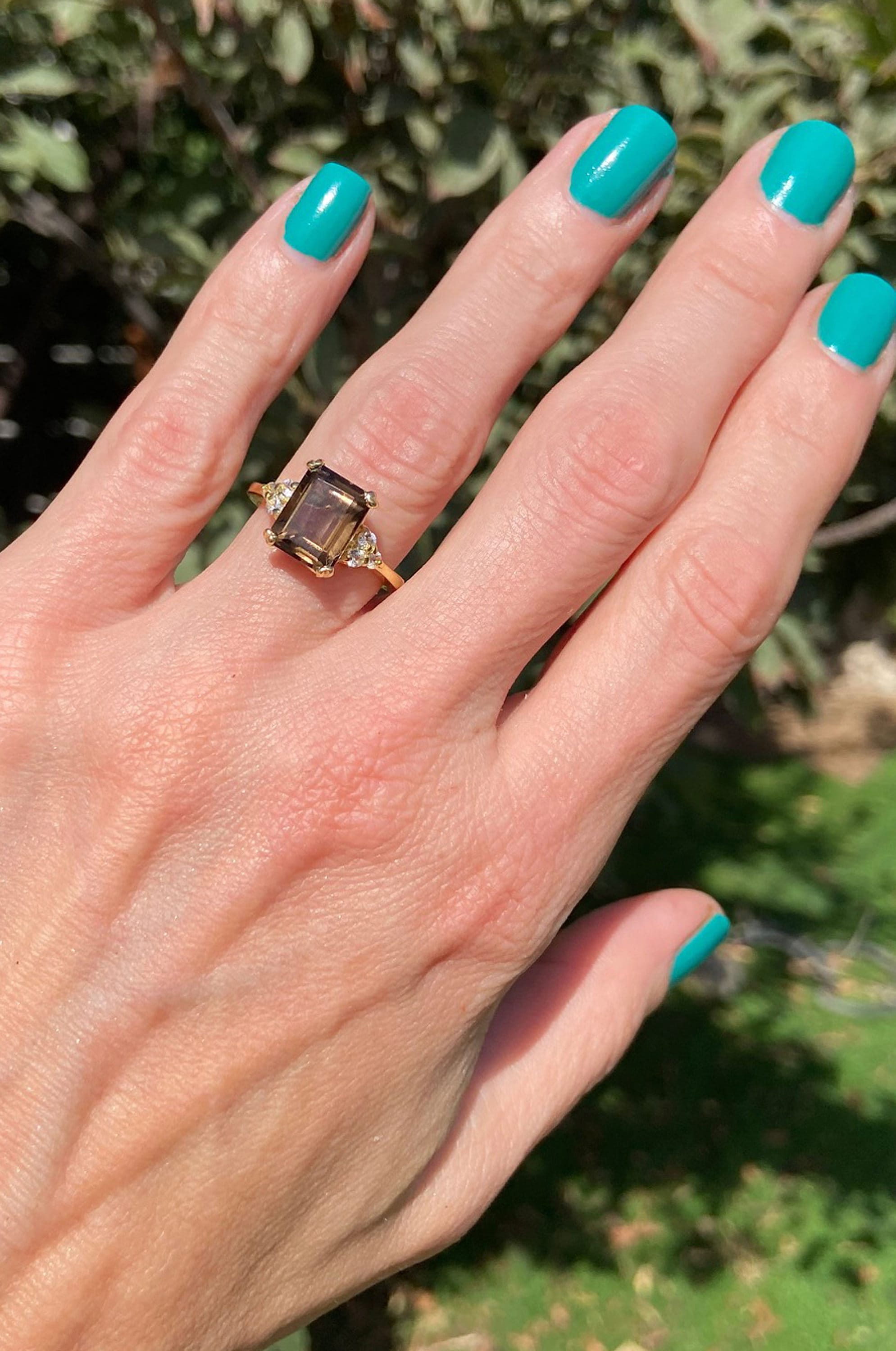 Smoky Quartz Ring - Octagon Smoky Quartz Gemstone Statement Engagement Ring with Clear Quartz Accents - H.L.Jewelry