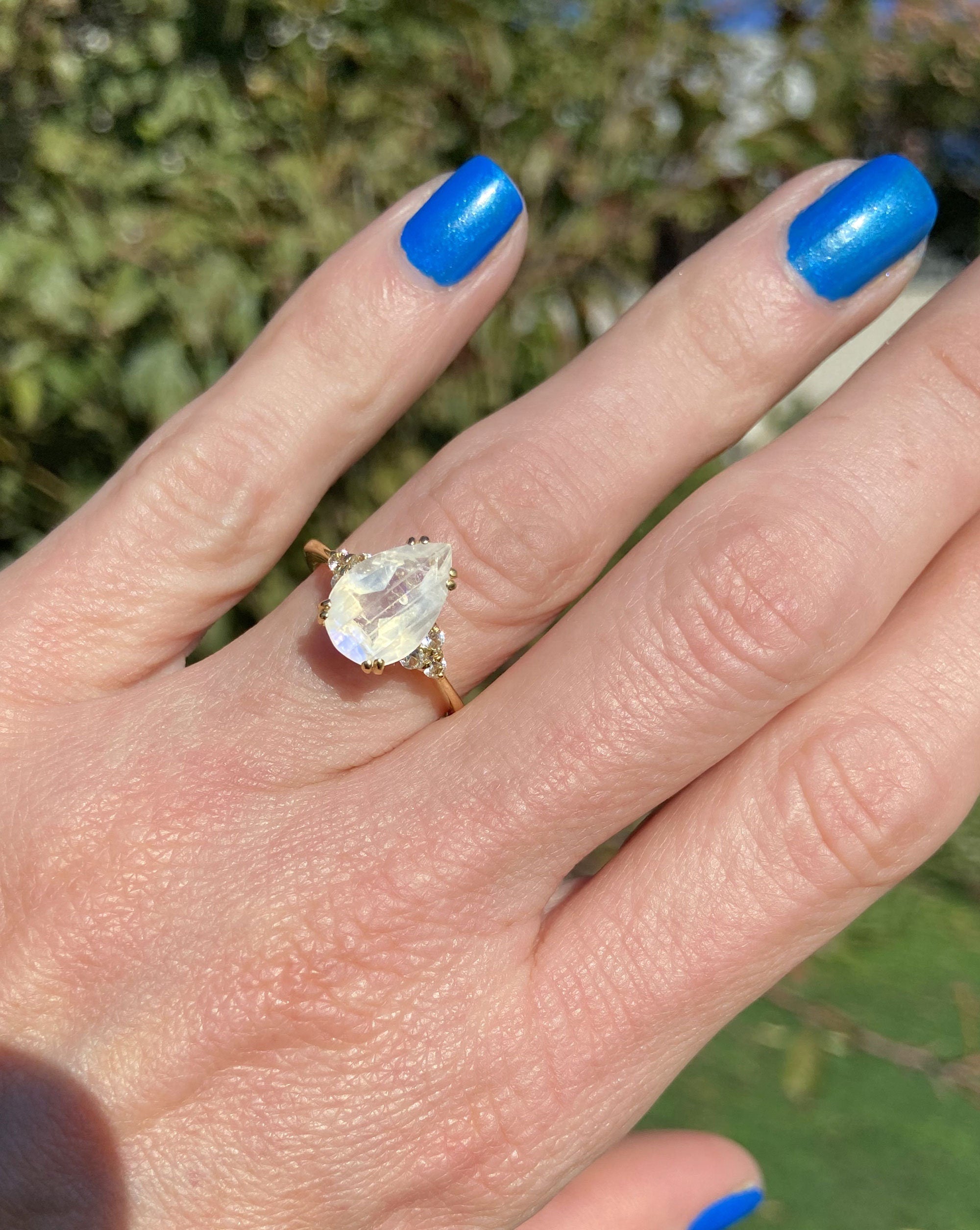 Rainbow Moonstone Ring - June Birthstone - Pear-Shaped Rainbow Moonstone Statement Engagement Ring with Clear Quartz Accents - H.L.Jewelry