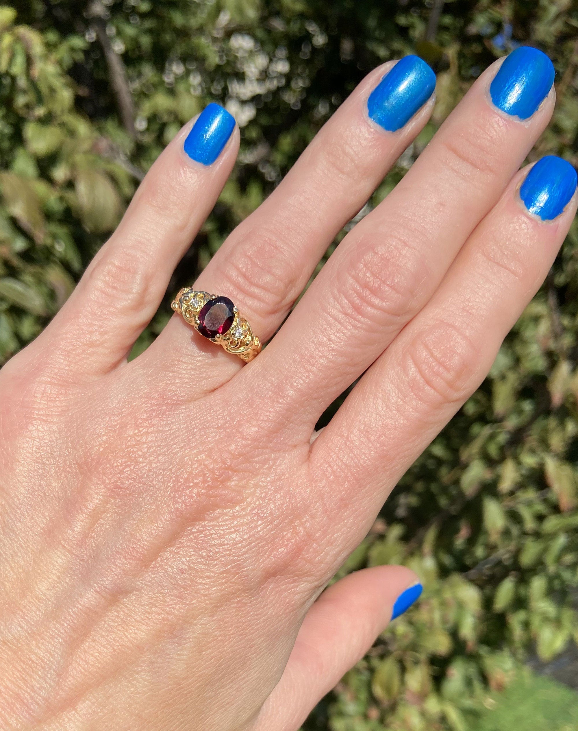 Red Garnet Ring - January Birthstone - Oval Red Garnet Gemstone Lace Ring with Clear Quartz Accents - H.L.Jewelry