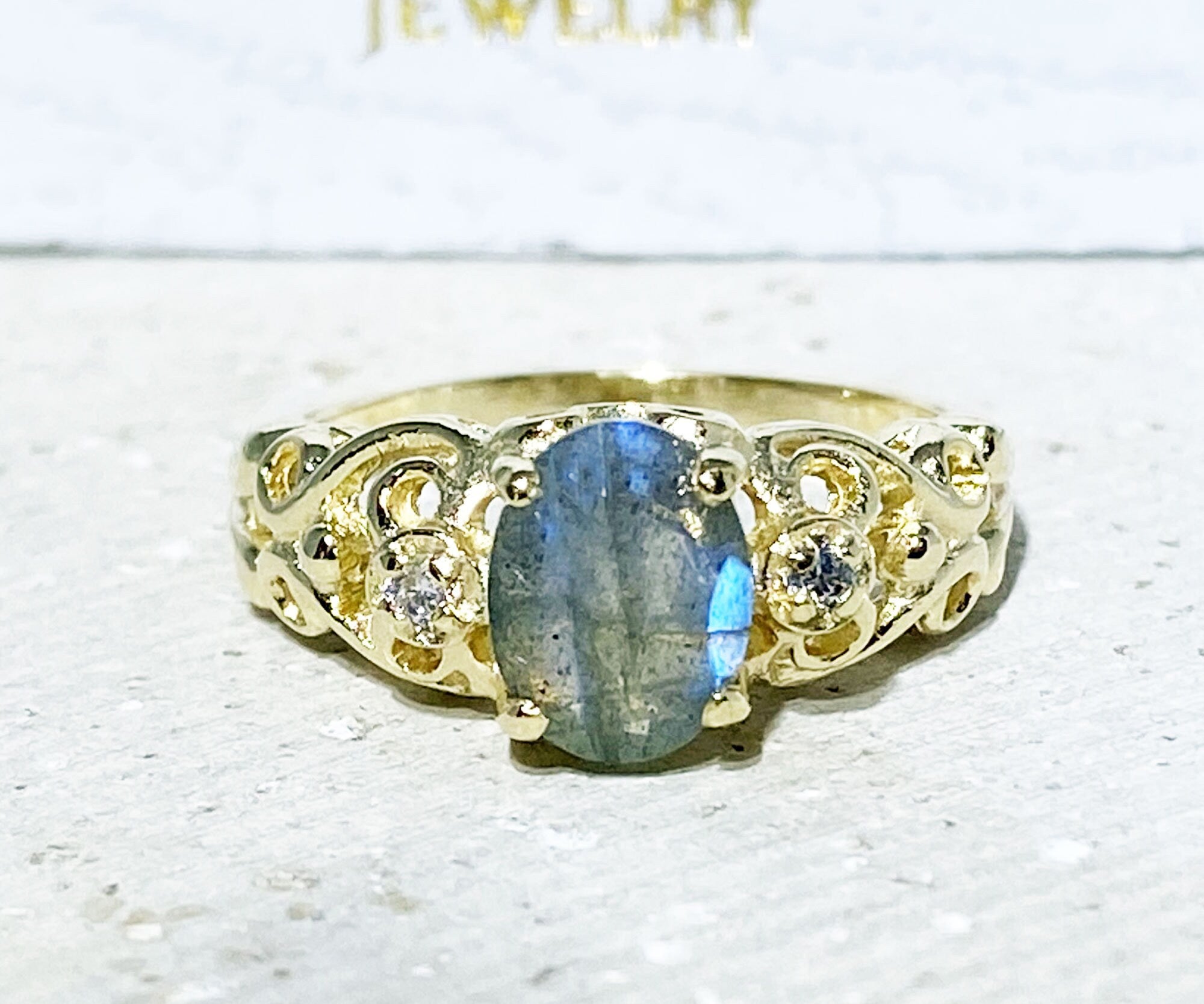 Labradorite Ring - Lace Ring with Oval Labradorite Gemtone and Clear Quartz Accents - H.L.Jewelry