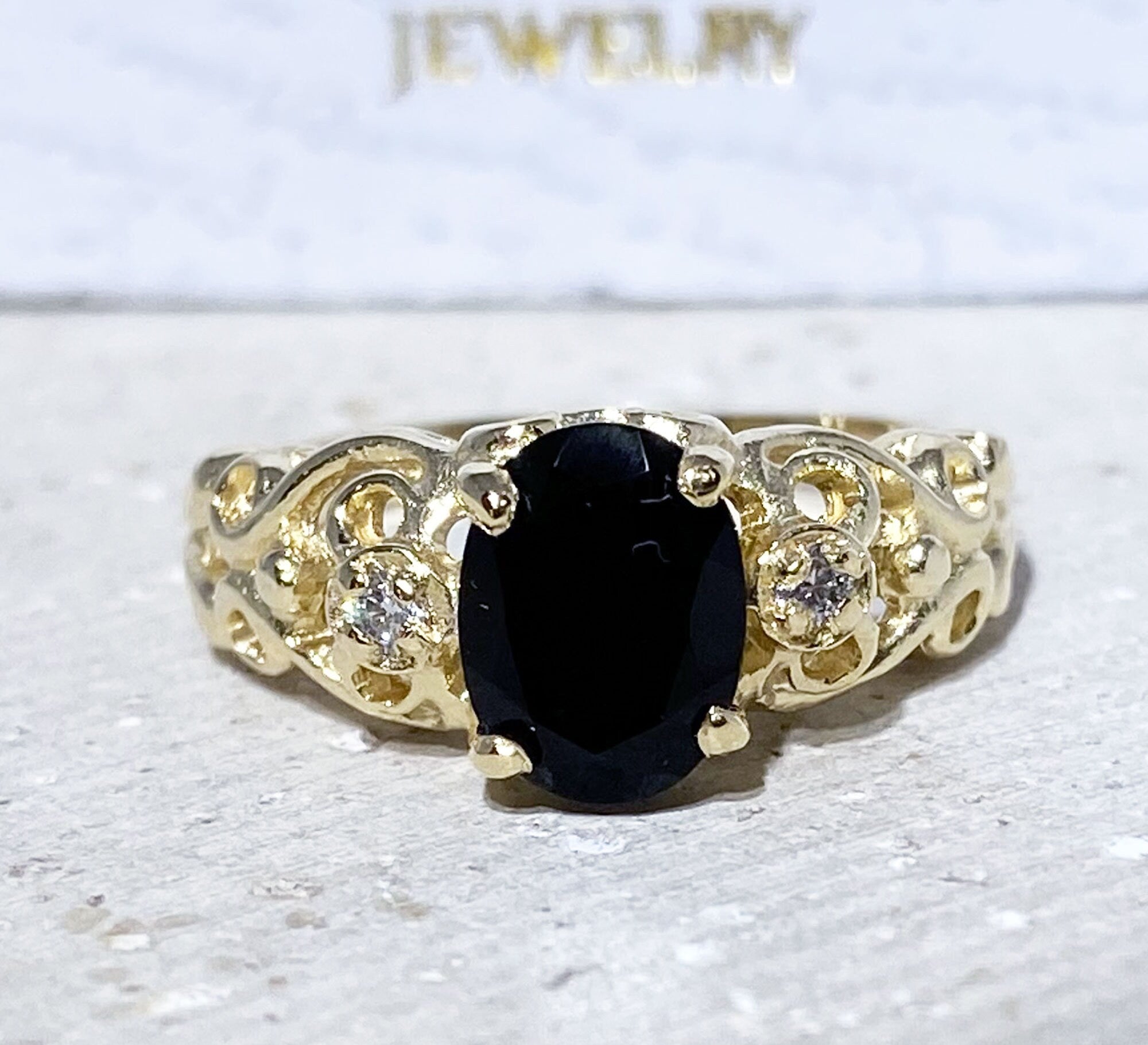 Black Onyx Ring - December Birthstone - Lace Ring with Oval Black Onyx Stone and Clear Quartz Accents - H.L.Jewelry