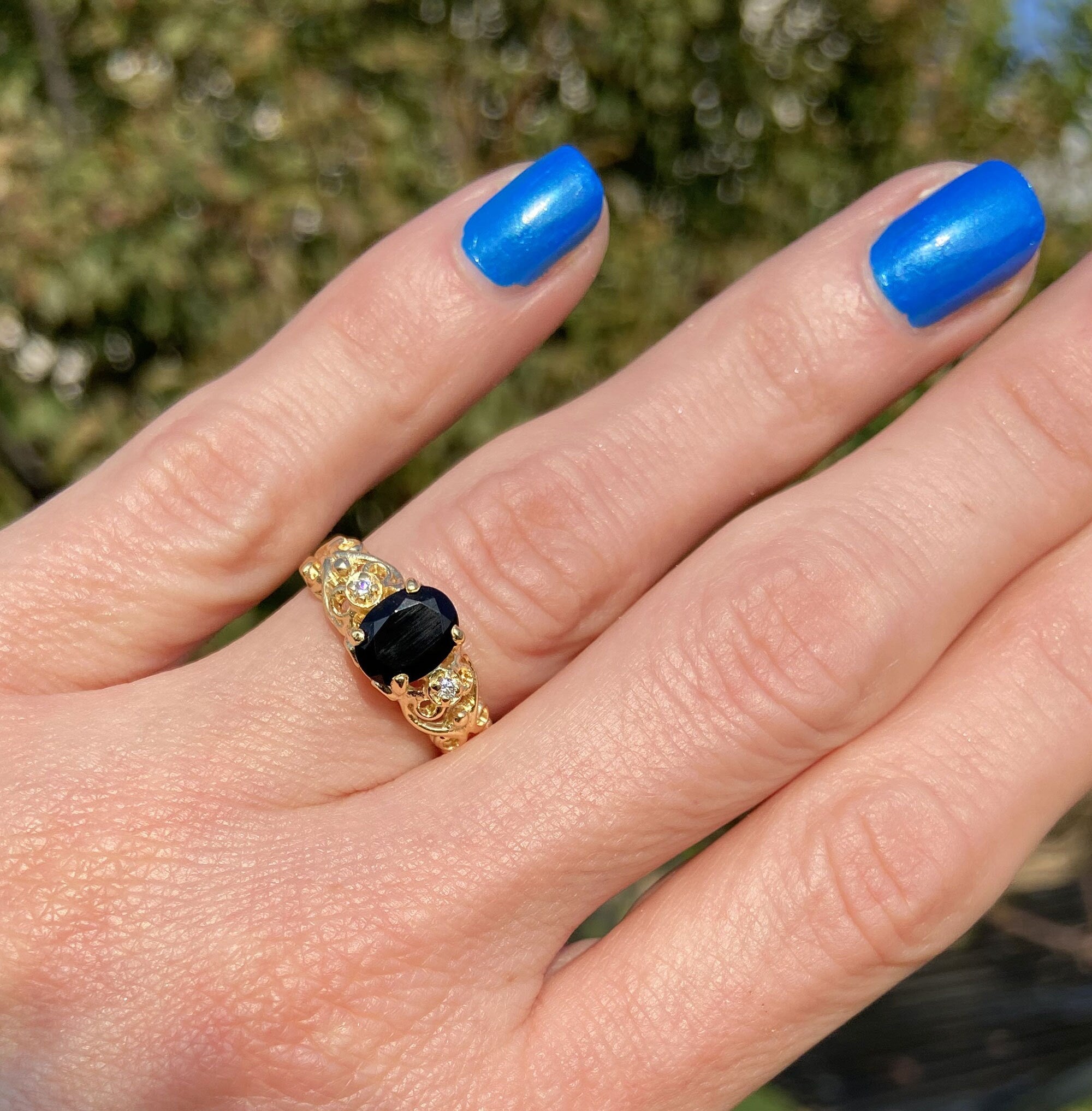 Black Onyx Ring - December Birthstone - Lace Ring with Oval Black Onyx Stone and Clear Quartz Accents - H.L.Jewelry