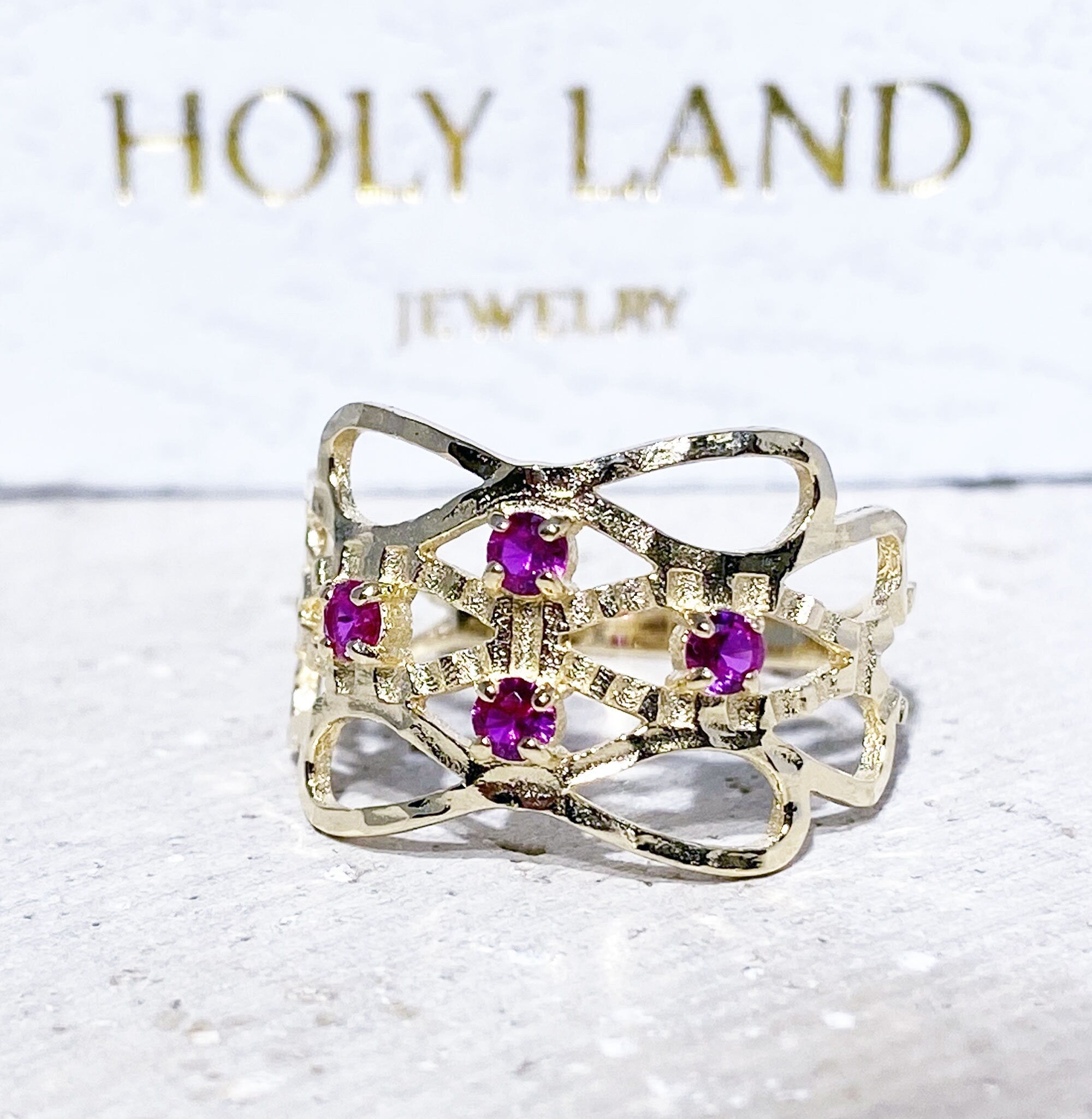 Ruby Ring - July Birthstone Jewelry - Hammered Ring with Four Round Ruby Gemstones - H.L.Jewelry