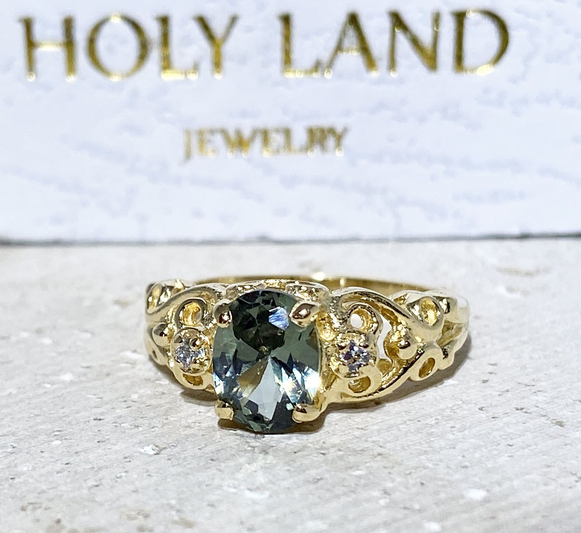 Green Tourmaline Ring - Oval Green Tourmaline Ring with Clear Quartz Accents - H.L.Jewelry