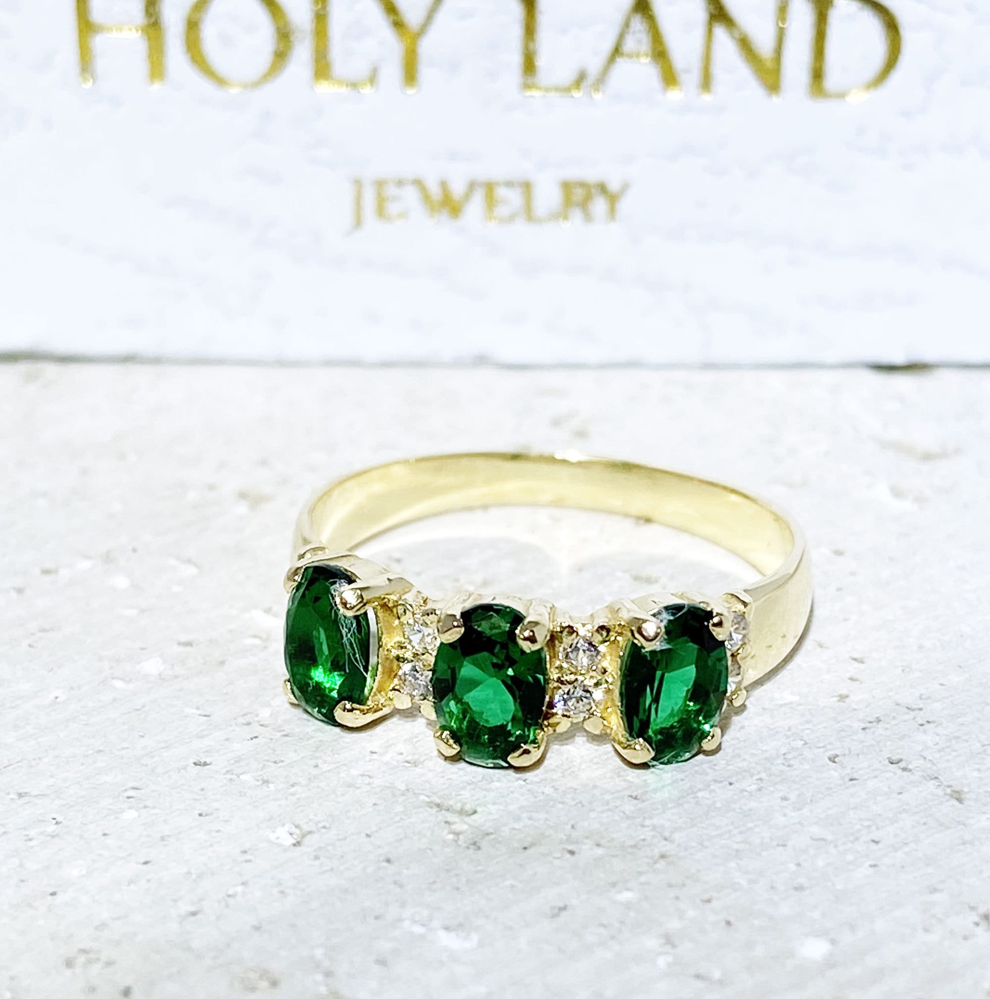 Emerald Ring - May Birthstone - Three Oval Emerald Gemstones Ring with Clear Quartz Accents - H.L.Jewelry