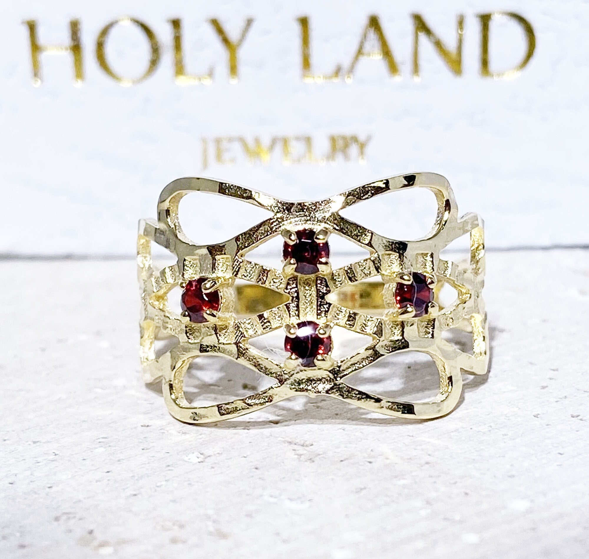 Red Garnet Ring - January Birthstone - Hammered Ring with Four Round Red Garnet Gemstones - H.L.Jewelry