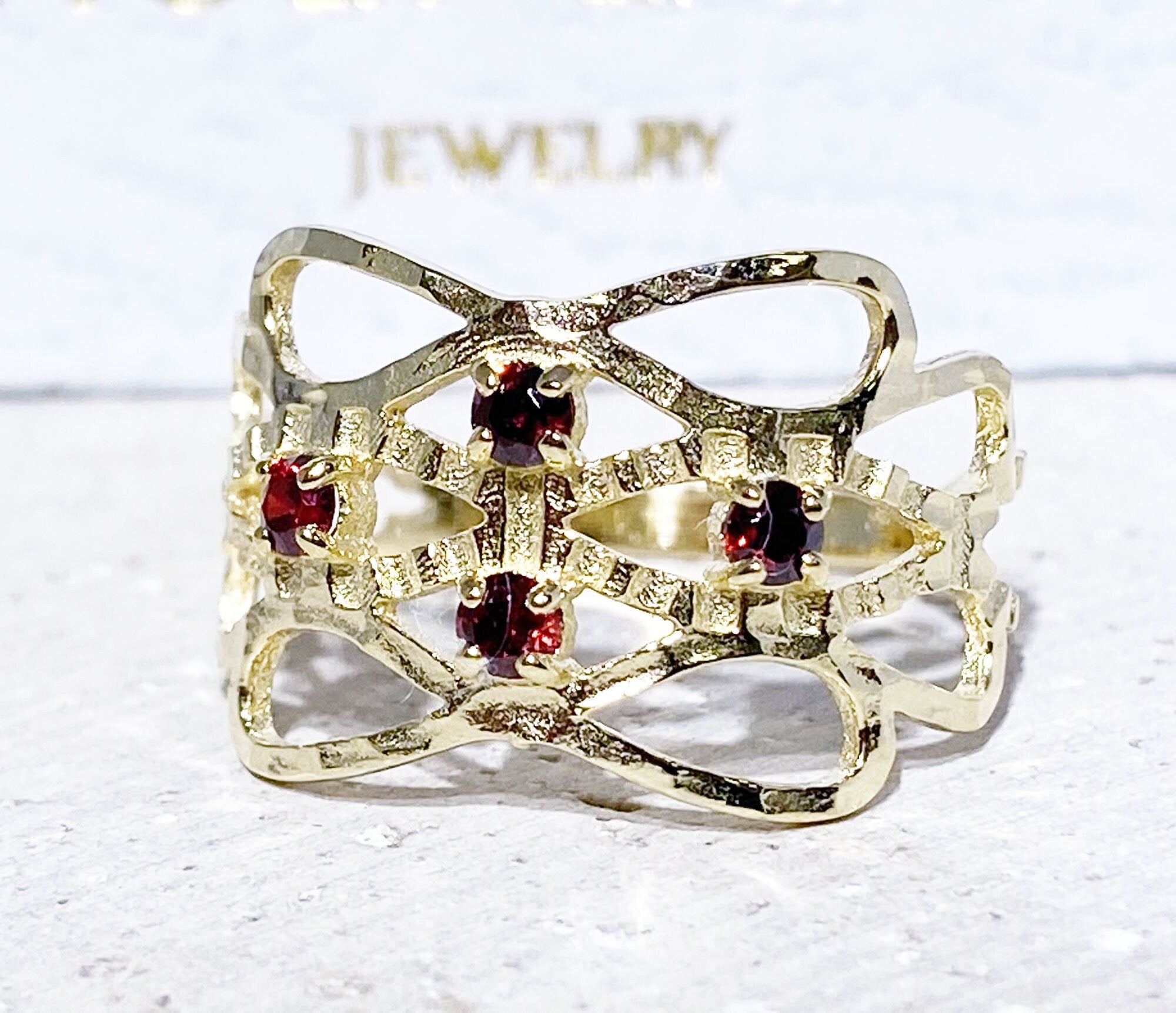 Red Garnet Ring - January Birthstone - Hammered Ring with Four Round Red Garnet Gemstones - H.L.Jewelry