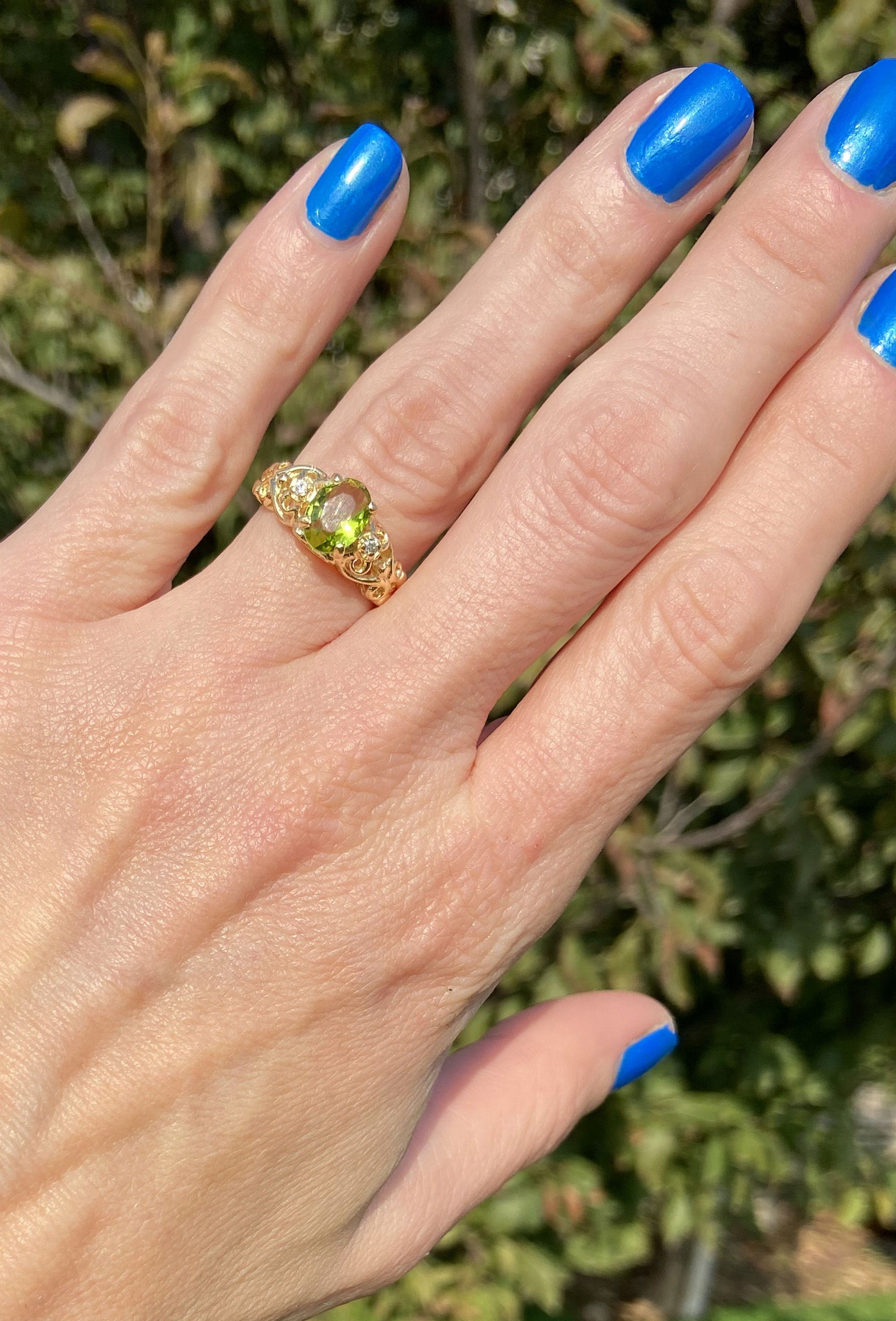 Peridot Ring - August Birthstone - Oval Peridot Gemstone Lace Ring with Clear Quartz Accents - H.L.Jewelry