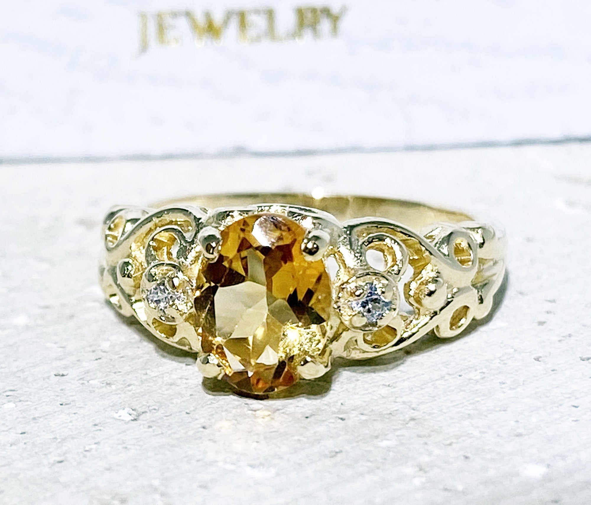 Citrine Ring - November Birthstone - Lace Ring with Oval Citrine Gemstone and Clear Quartz Accents - H.L.Jewelry