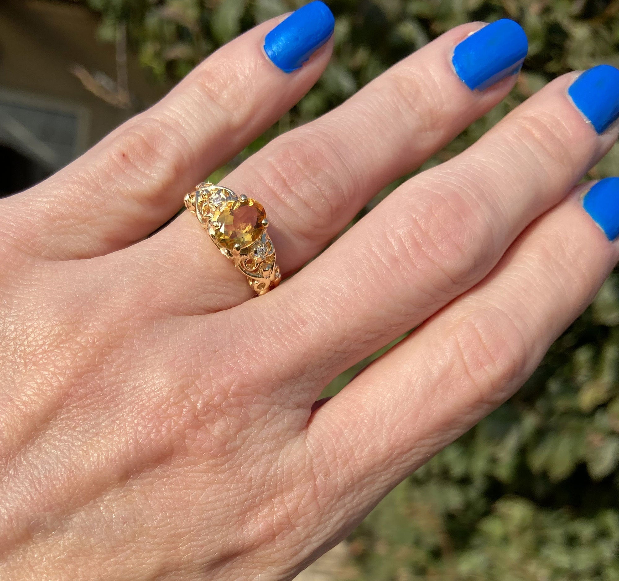 Citrine Ring - November Birthstone - Lace Ring with Oval Citrine Gemstone and Clear Quartz Accents - H.L.Jewelry