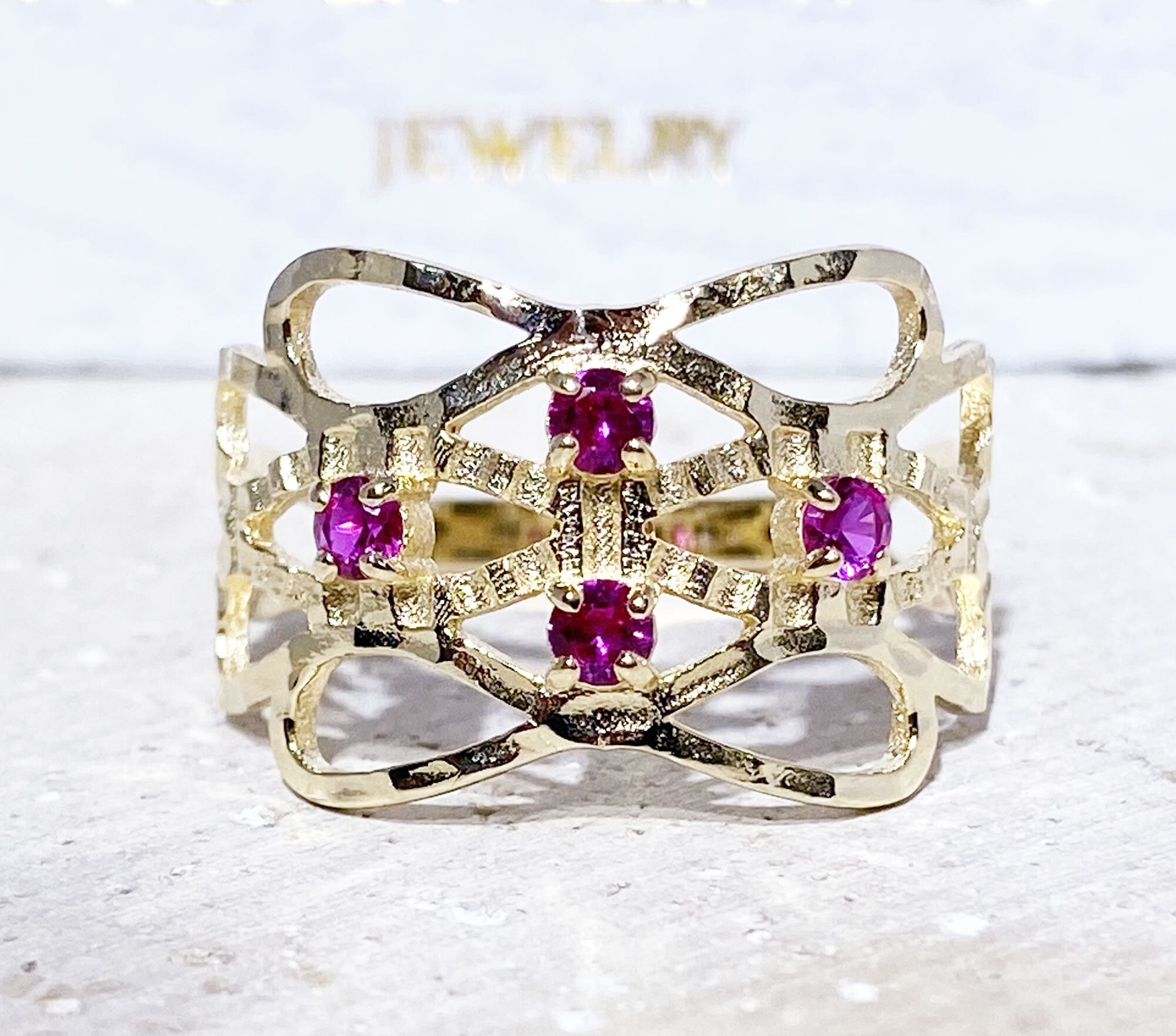 Ruby Ring - July Birthstone Jewelry - Hammered Ring with Four Round Ruby Gemstones - H.L.Jewelry