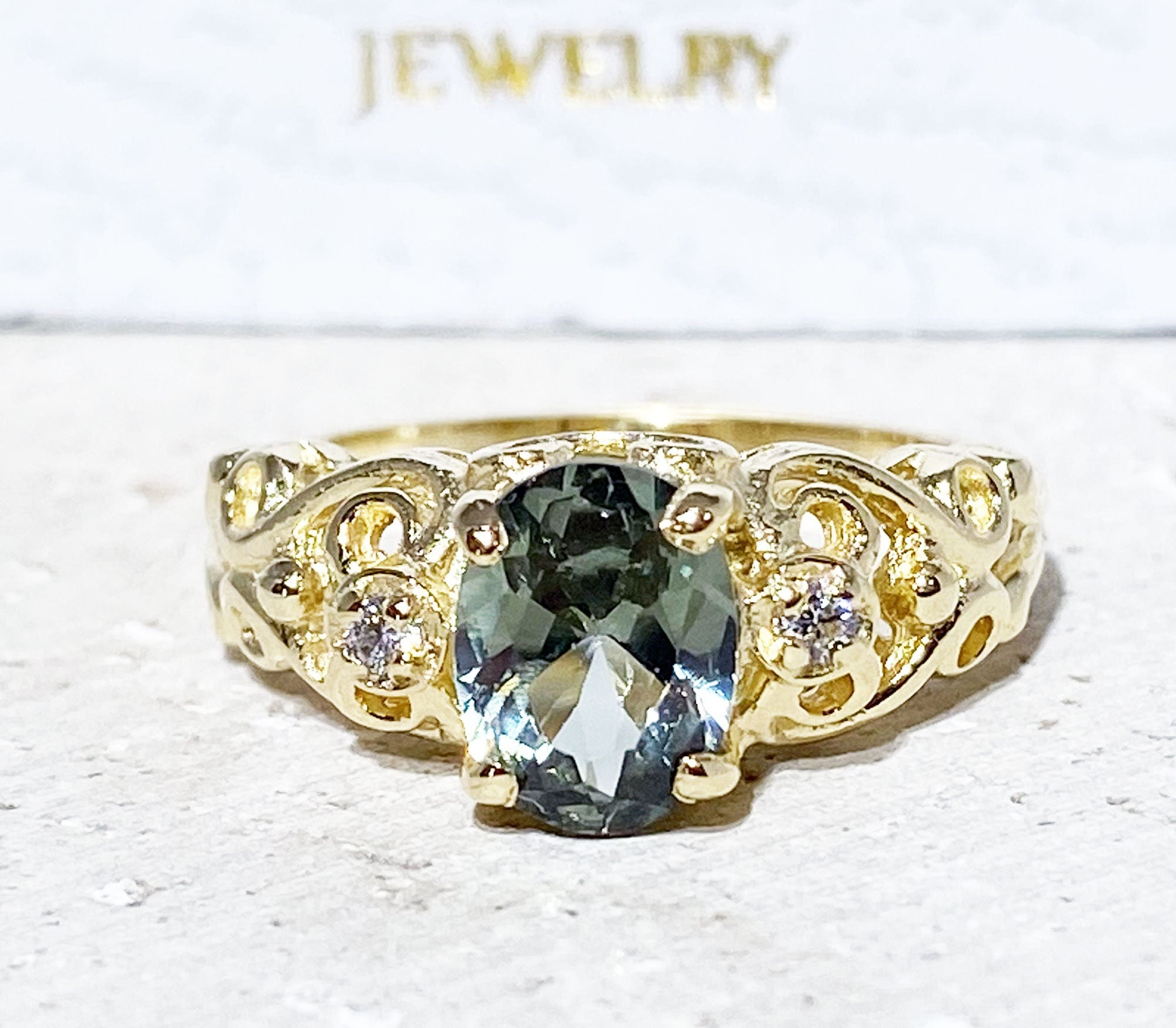 Green Tourmaline Ring - Oval Green Tourmaline Ring with Clear Quartz Accents - H.L.Jewelry