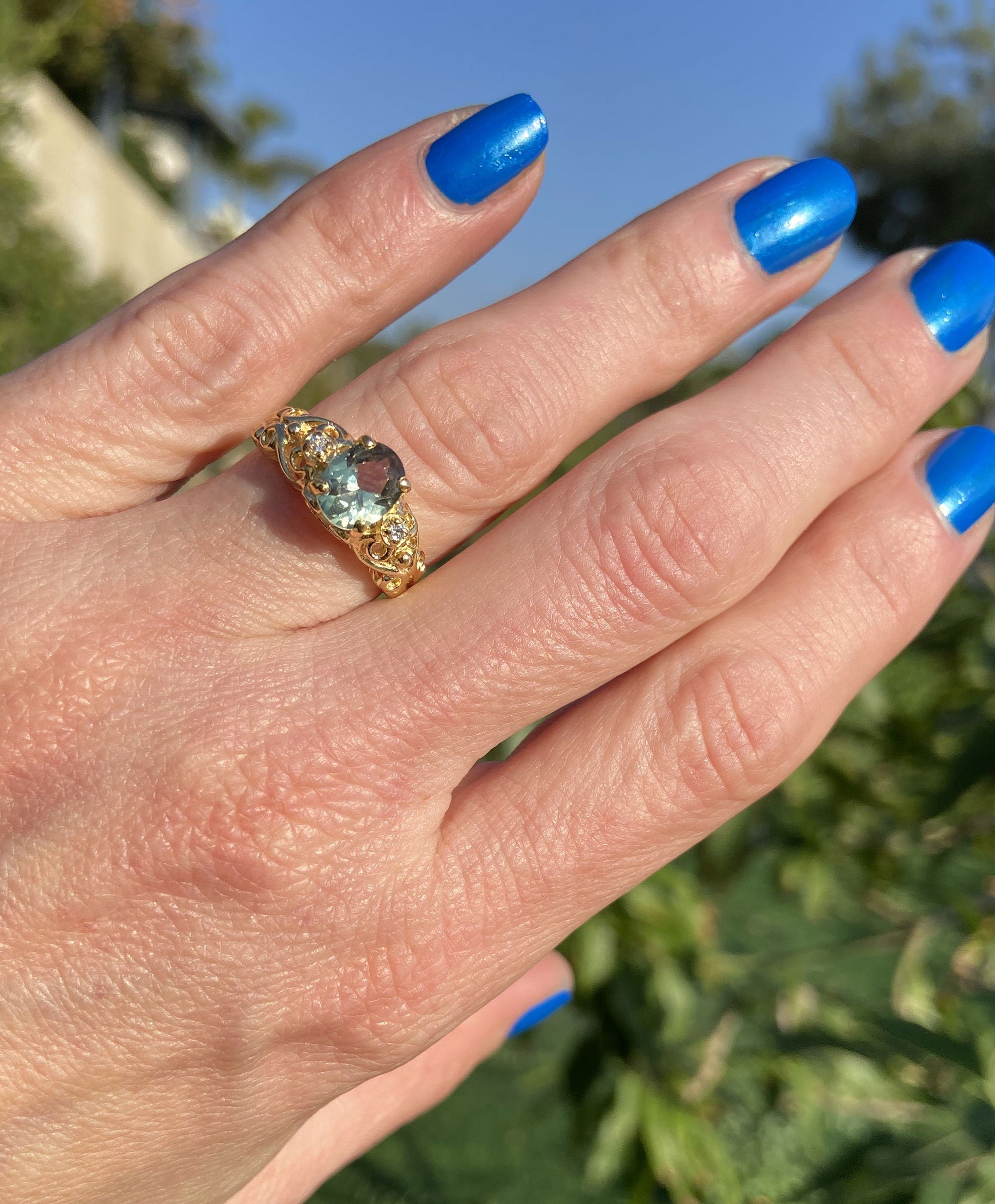 Green Tourmaline Ring - Oval Green Tourmaline Ring with Clear Quartz Accents - H.L.Jewelry