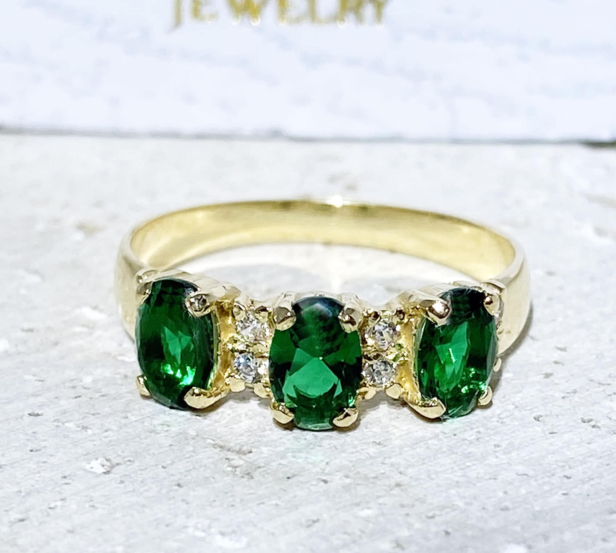 Emerald Ring - May Birthstone - Three Oval Emerald Gemstones Ring with Clear Quartz Accents - H.L.Jewelry