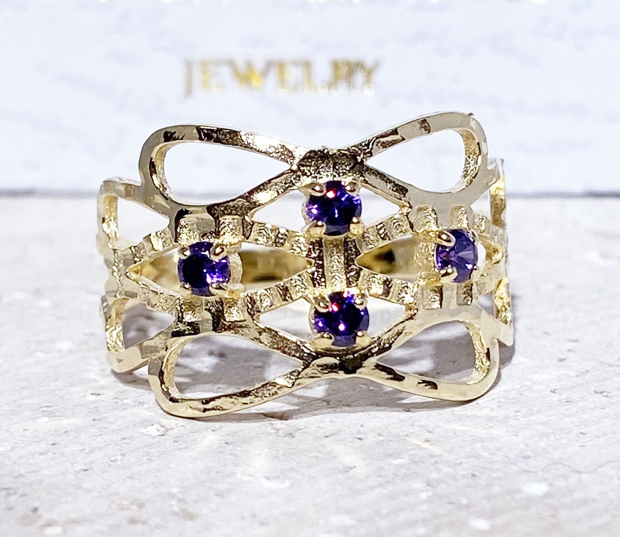 Amethyst Ring - February Birthstone - Hammered Ring with Round Purple Amethyst Gemstones - H.L.Jewelry