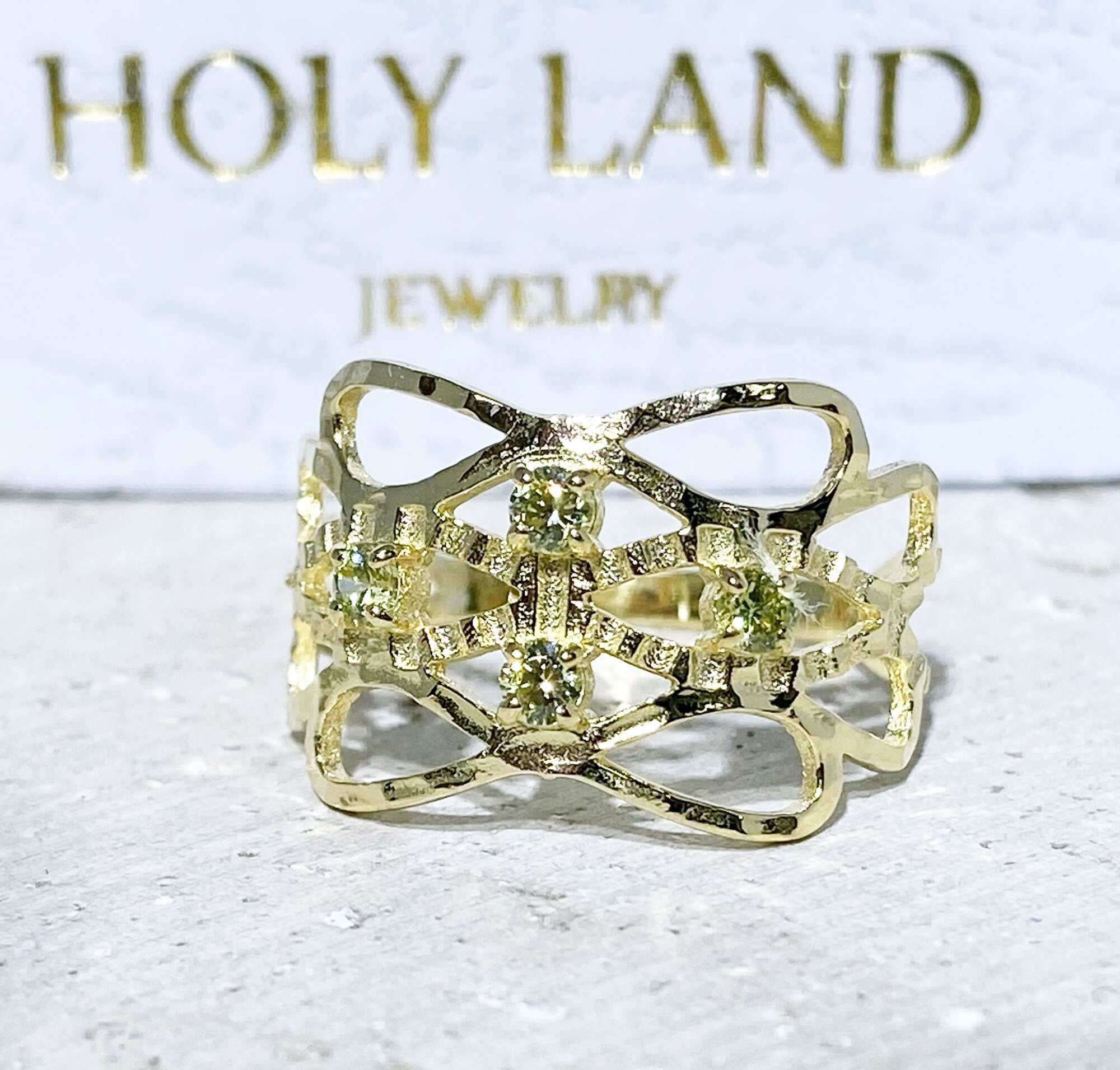 Peridot Ring - August Birthstone - Hammered Ring with Four Round Peridot Gemstones - H.L.Jewelry