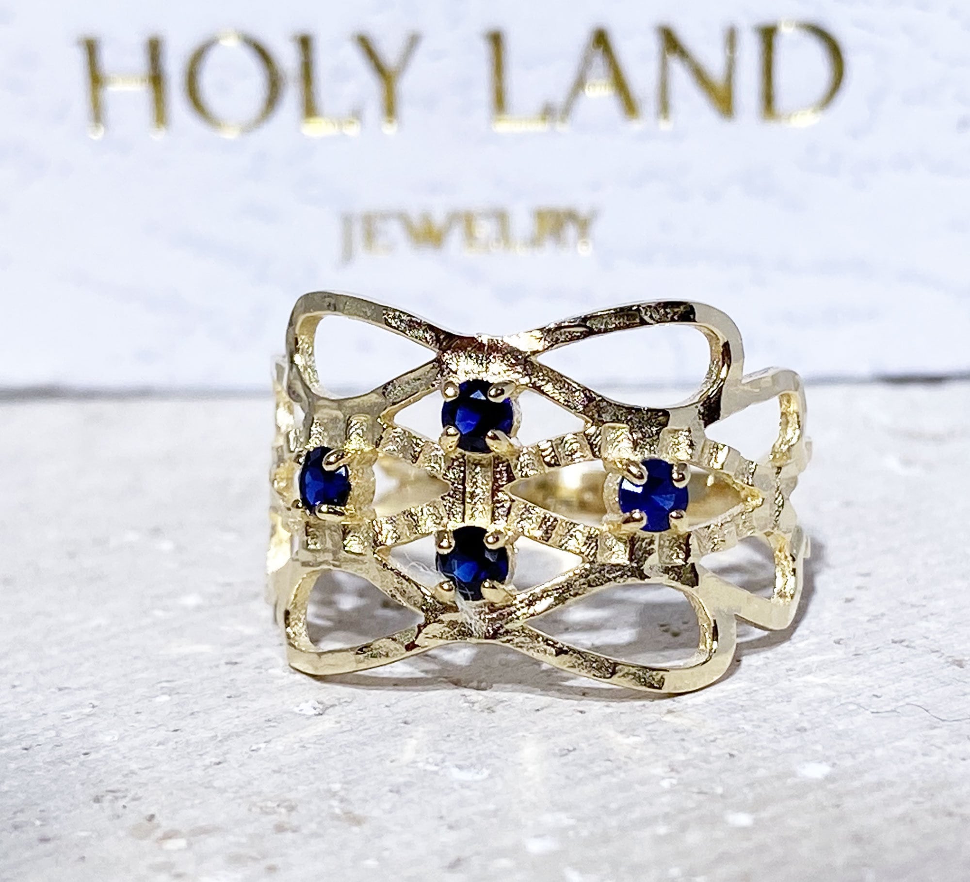 Blue Sapphire Ring - September Birthstone - Hammered Ring with Four Round Blue Sapphire Gemstones - H.L.Jewelry