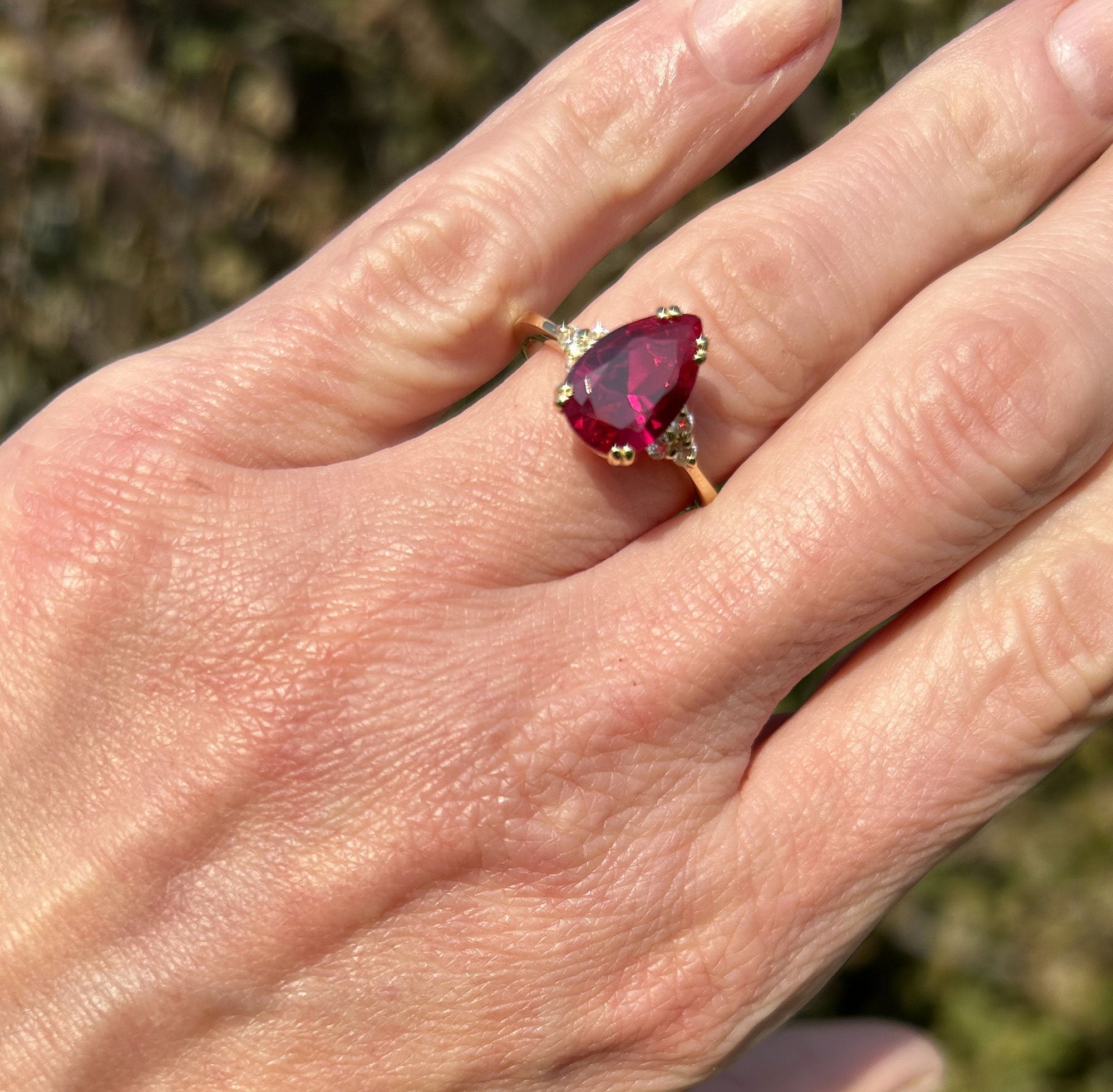 Ruby Ring - July Birthstone - Pear-Shaped Ruby Gemstone Statement Engagement Ring with Clear Quartz Accents - H.L.Jewelry