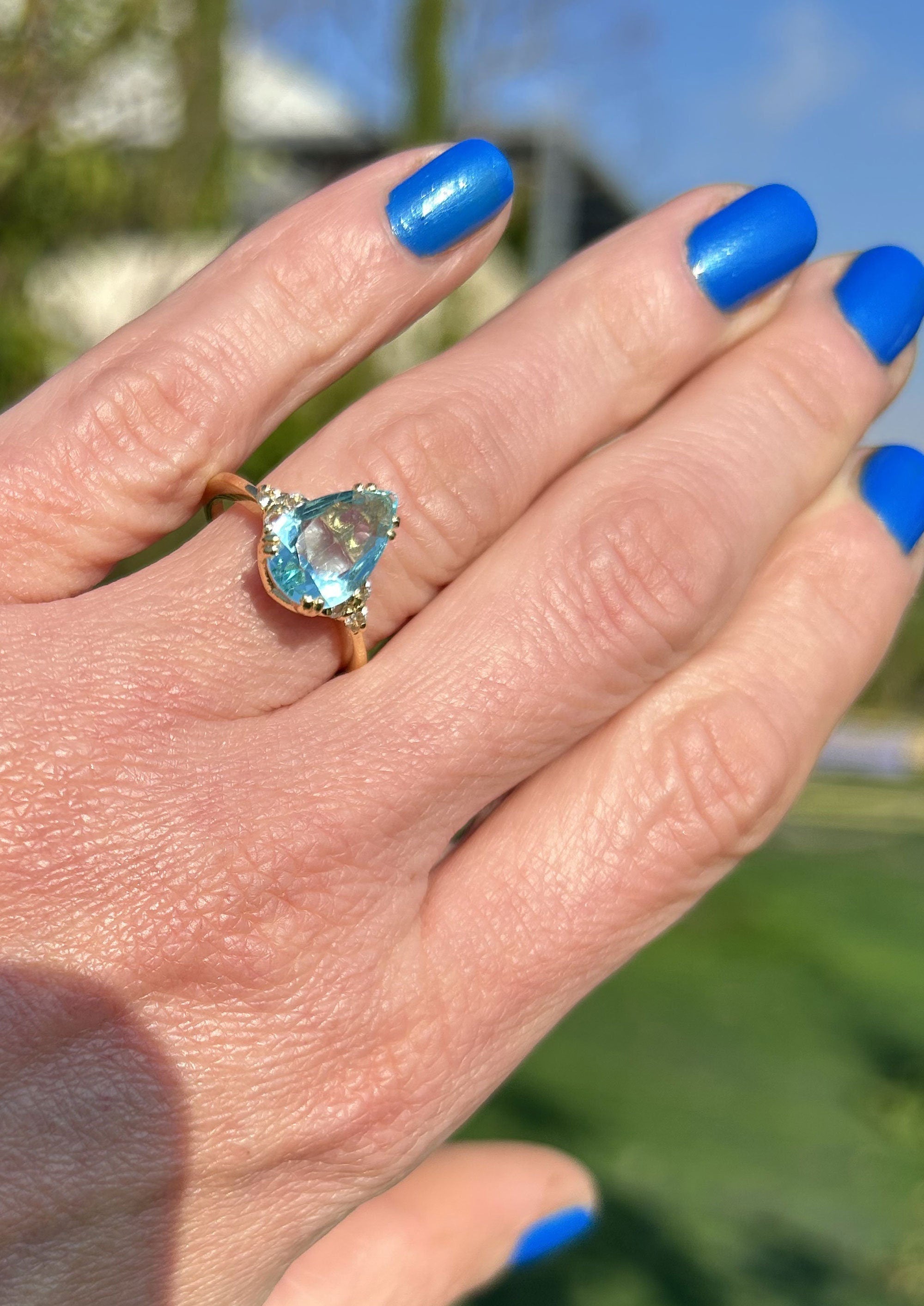 Aquamarine Ring - March Birthstone - Pear-Shaped Aquamarine Gemstone Statement Engagement Ring and Clear Quartz Accents - H.L.Jewelry