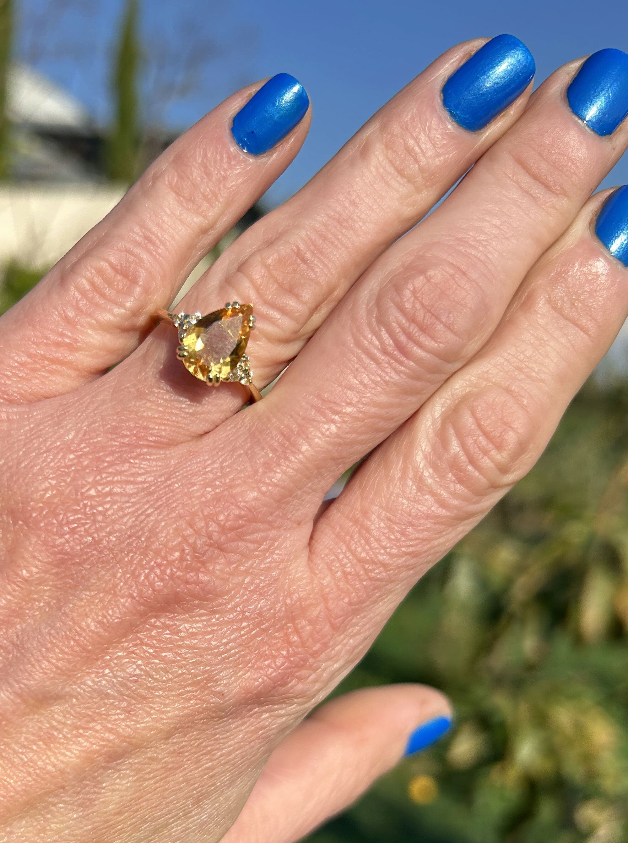 Citrine ring - November Birthstone - Pear-Shaped Citrine Gemstone Statement Engagement Ring with Clear Quartz Accents - H.L.Jewelry