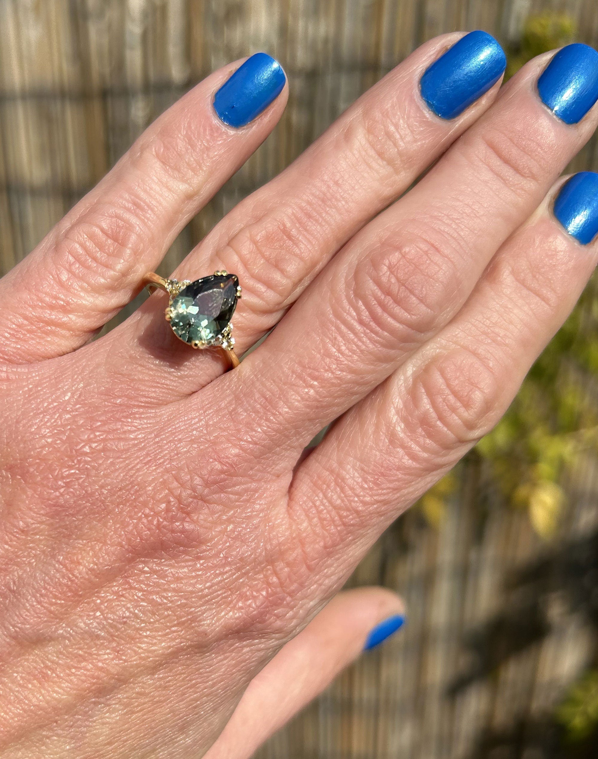 Green Tourmaline Ring - Pear-Shaped Green Tourmaline Gemstone Statement Engagement Ring with Clear Quartz Accents - H.L.Jewelry