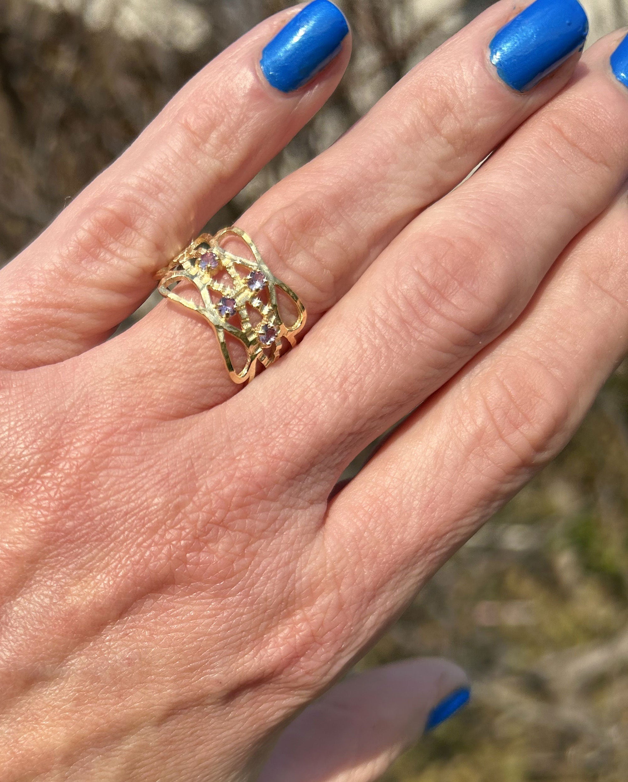 Citrine Ring - November Birthstone - Hammered Ring with Four Round Citrine Gemstones - H.L.Jewelry