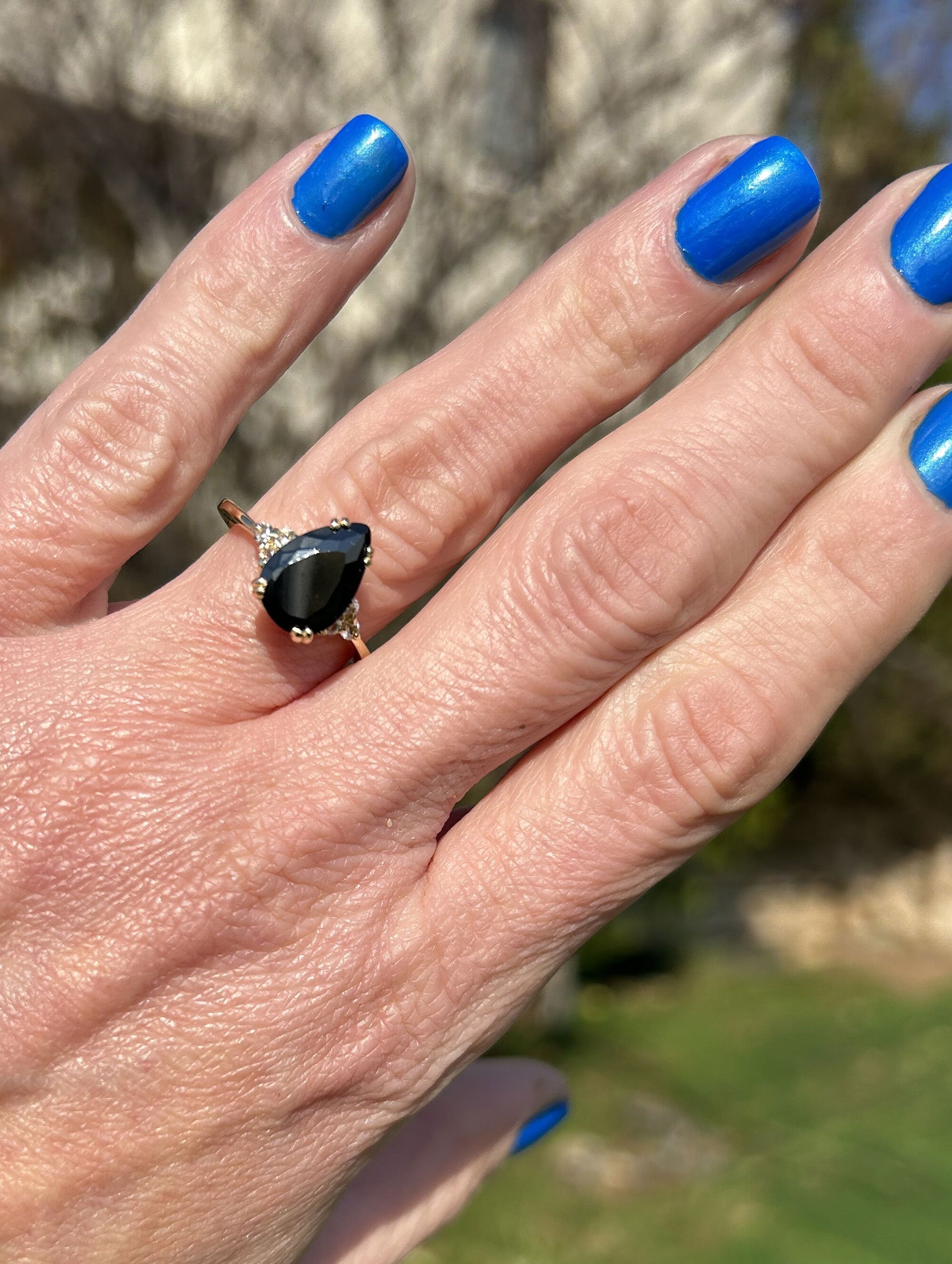 Black Onyx Ring - December Birthstone - Pear-Shaped Black Onyx Gemstone Statement Engagement Ring with Clear Quartz Accents - H.L.Jewelry