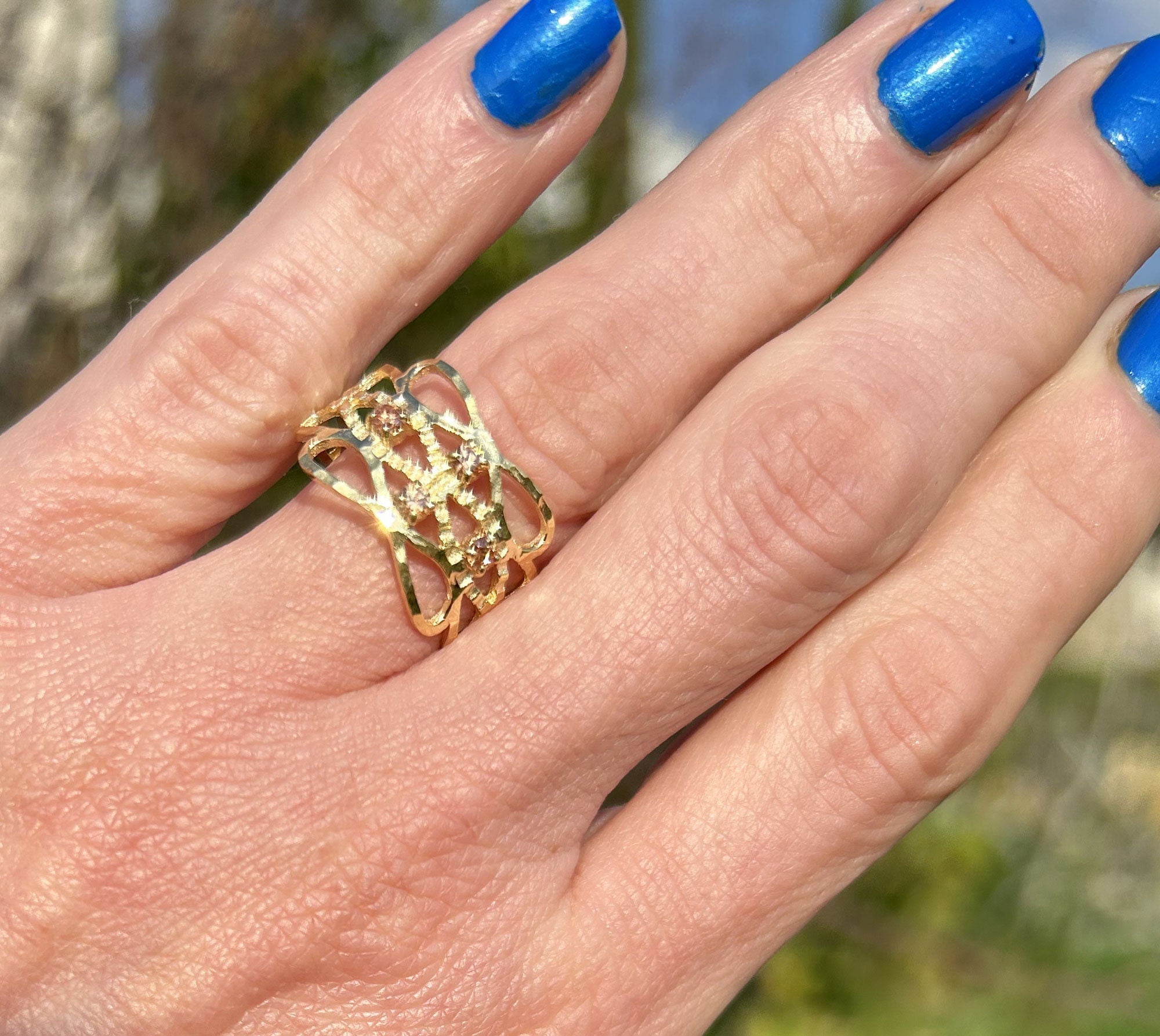 Citrine Ring - November Birthstone - Hammered Ring with Four Round Citrine Gemstones - H.L.Jewelry