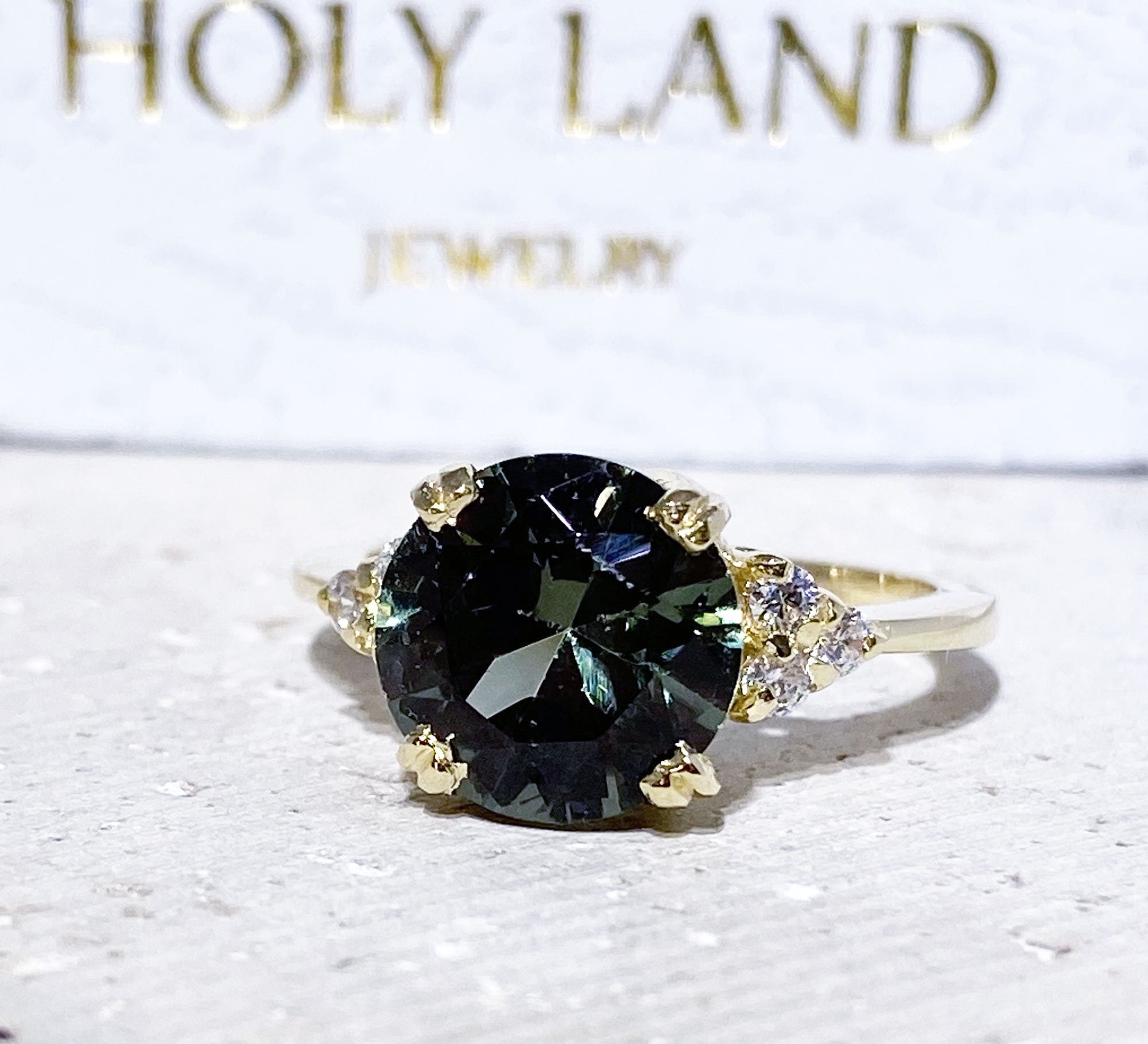 Green Tourmaline Ring - Statement Engagement Ring with Round Green Tourmaline Gemstone and Clear Quartz Accents - H.L.Jewelry